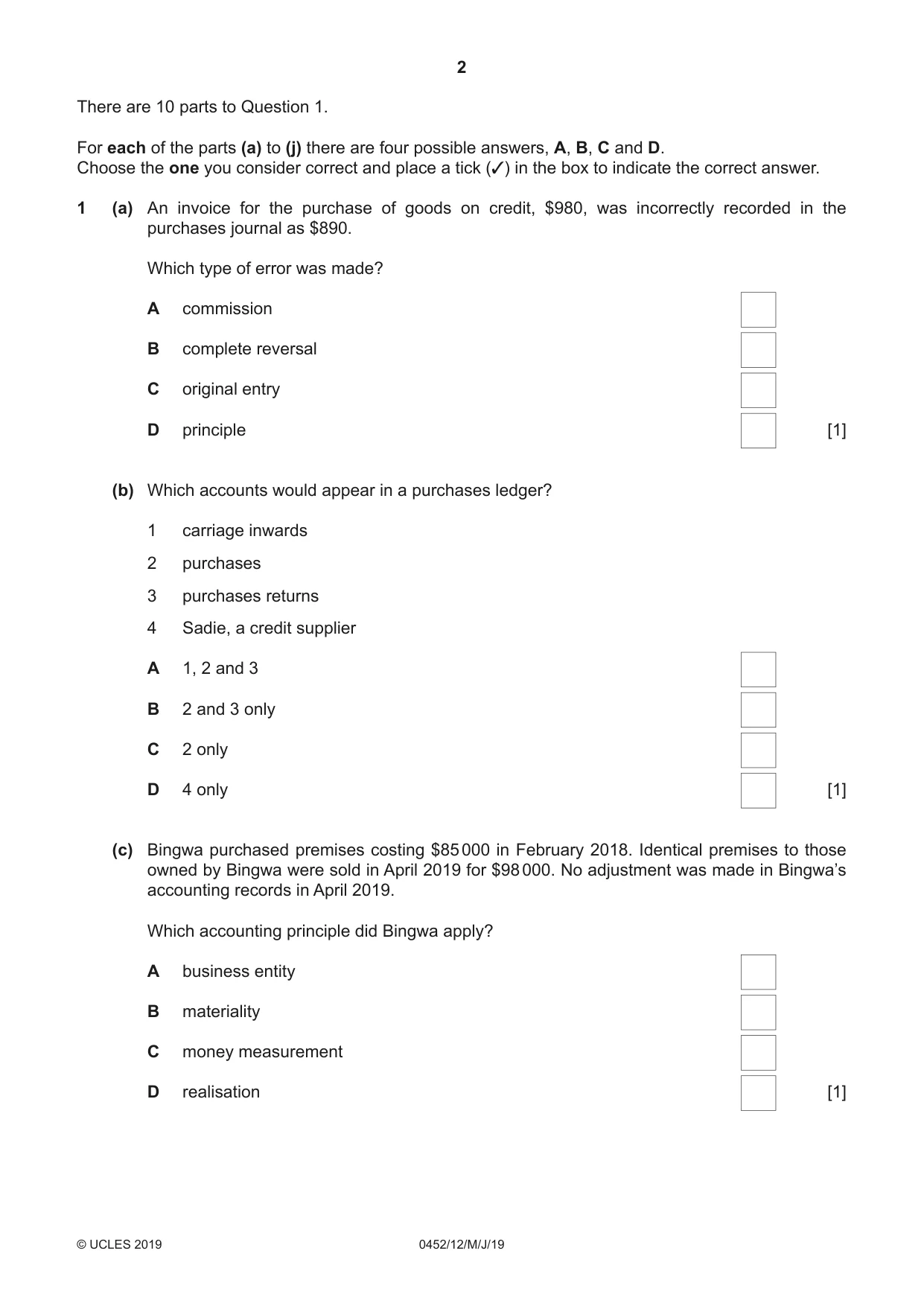 Cambridge IGCSE Accounting 0452 2019 May/June Paper 1 · Variant 2 question paper, page 2 of 24