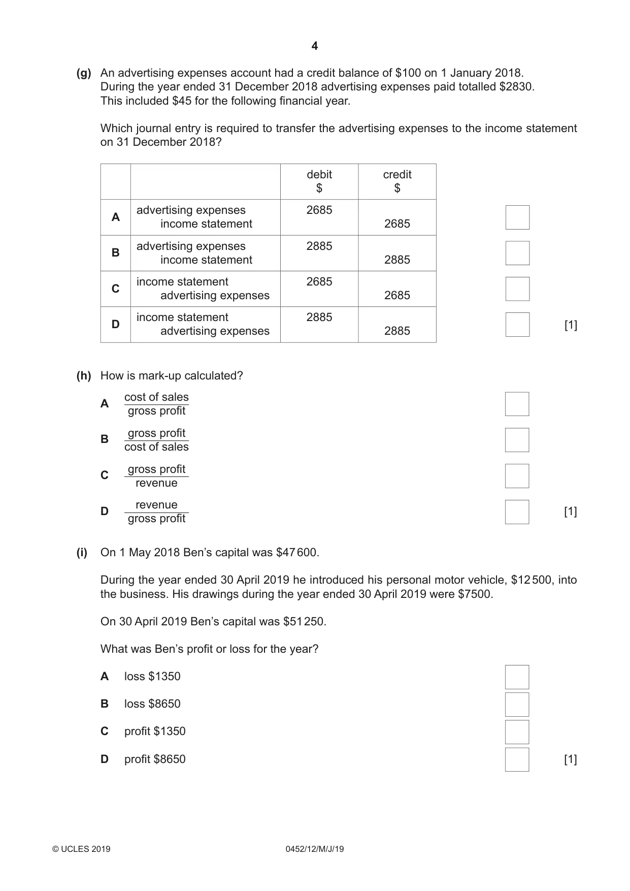 Cambridge IGCSE Accounting 0452 2019 May/June Paper 1 · Variant 2 question paper, page 4 of 24