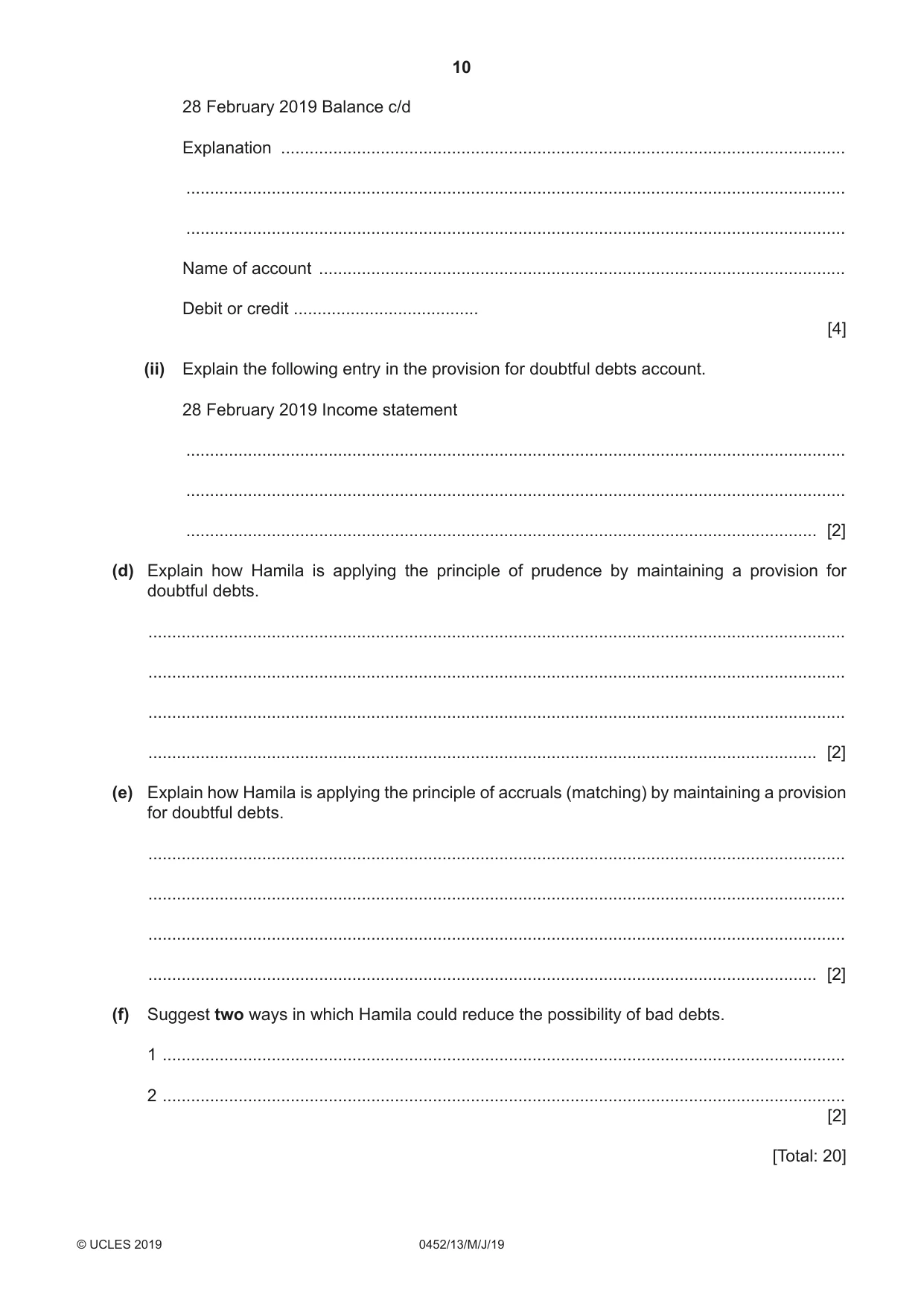 Cambridge IGCSE Accounting 0452 2019 May/June Paper 1 · Variant 3 question paper, page 10 of 24