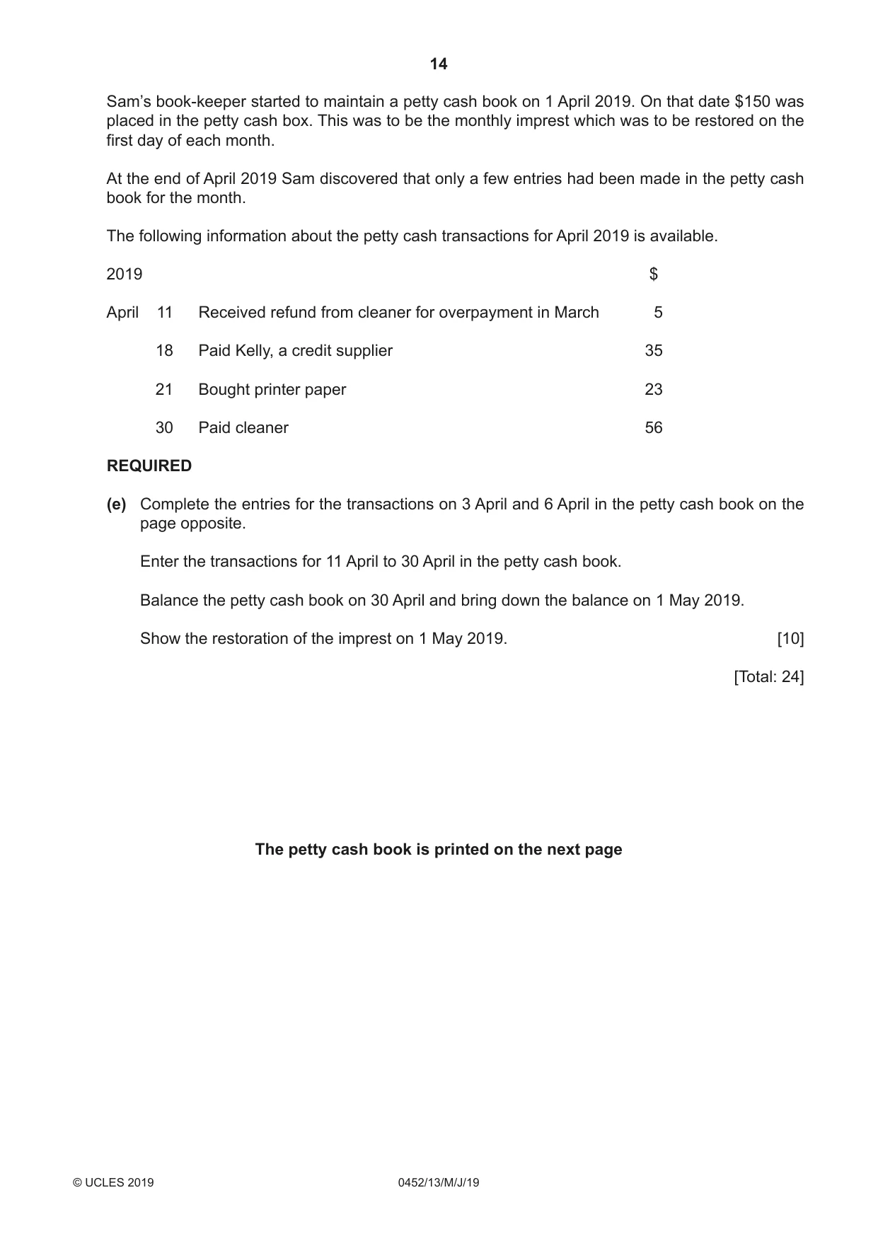 Cambridge IGCSE Accounting 0452 2019 May/June Paper 1 · Variant 3 question paper, page 14 of 24