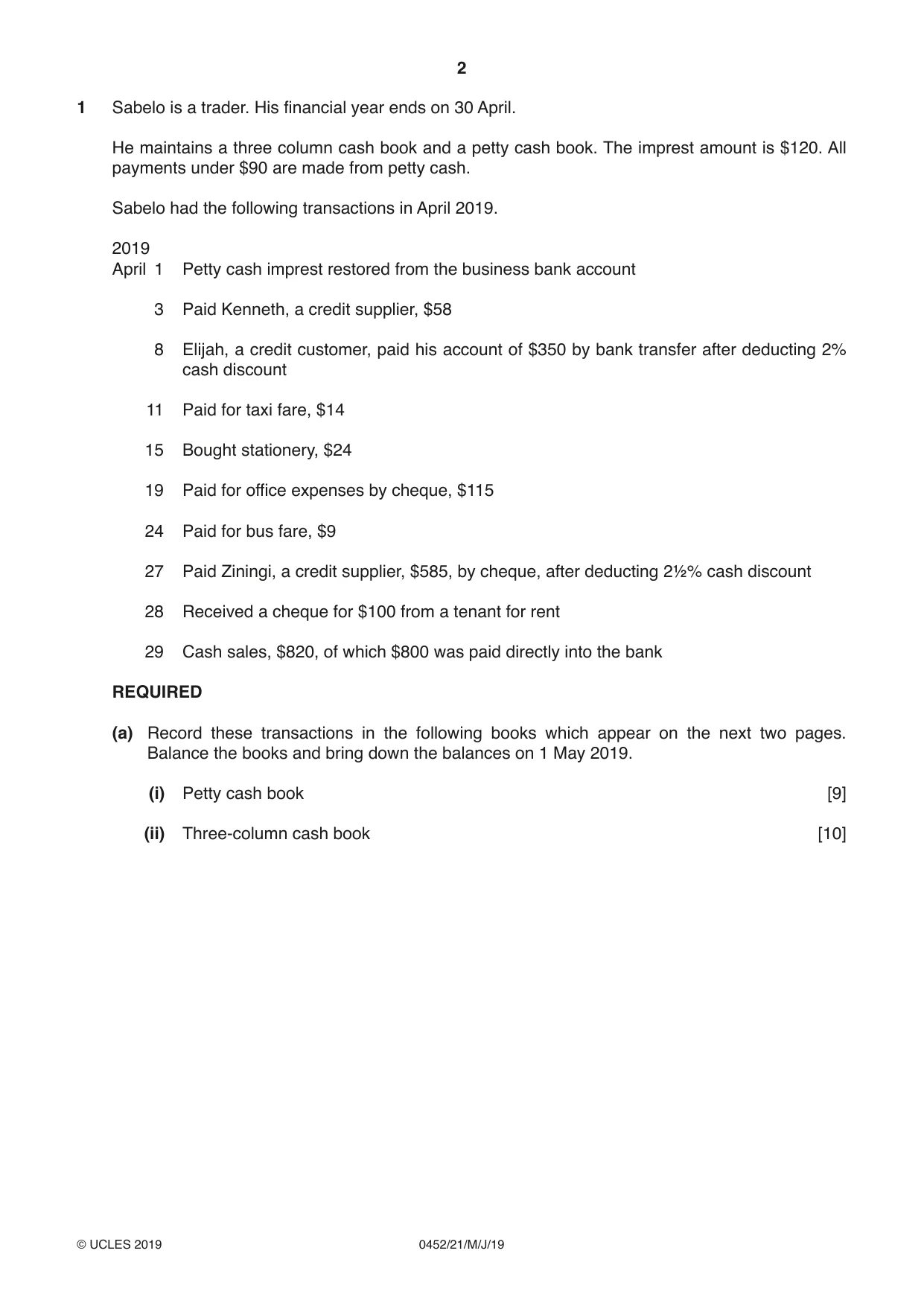 Cambridge IGCSE Accounting 0452 2019 May/June Paper 2 · Variant 1 question paper, page 2 of 20