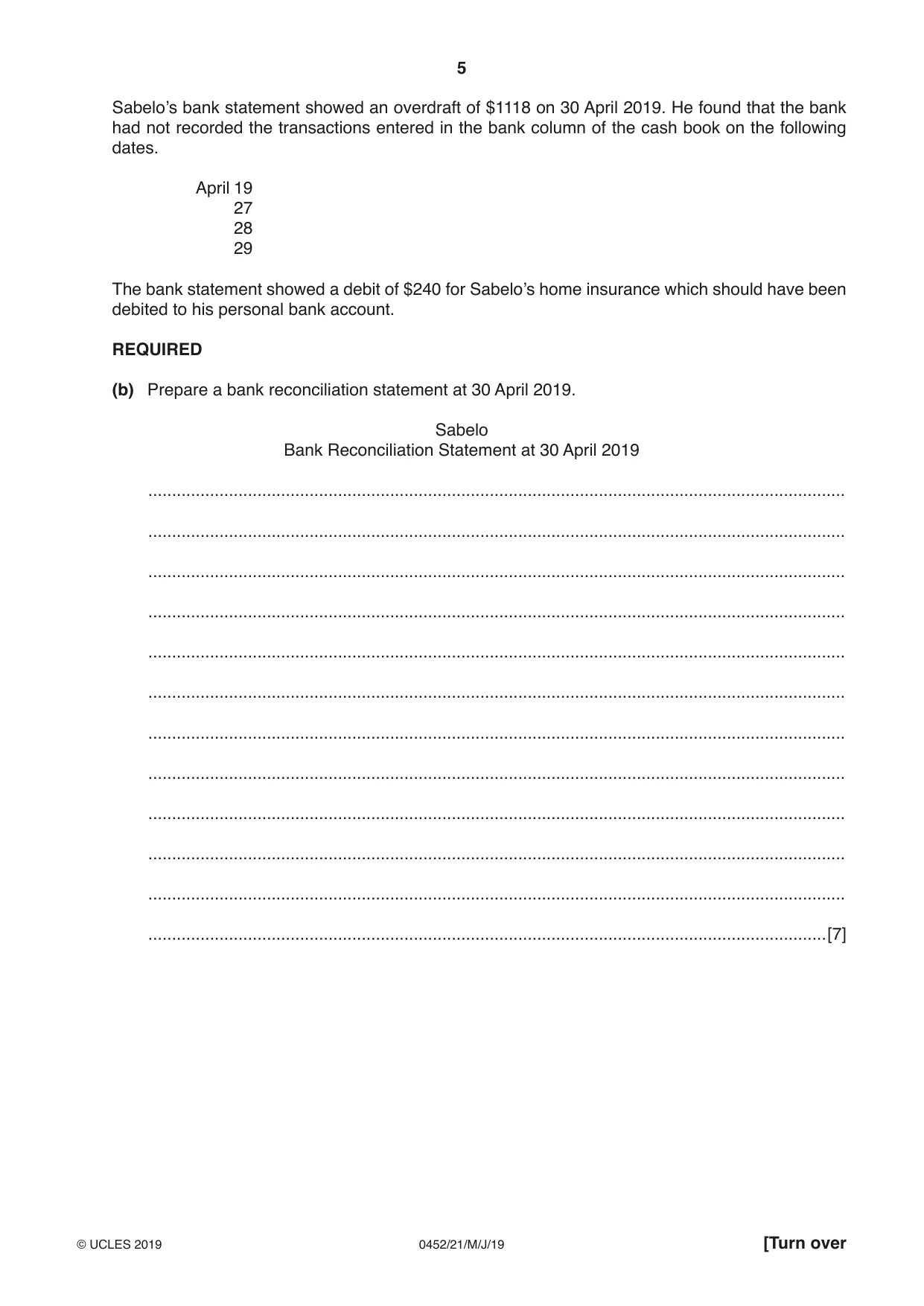 Cambridge IGCSE Accounting 0452 2019 May/June Paper 2 · Variant 1 question paper, page 5 of 20