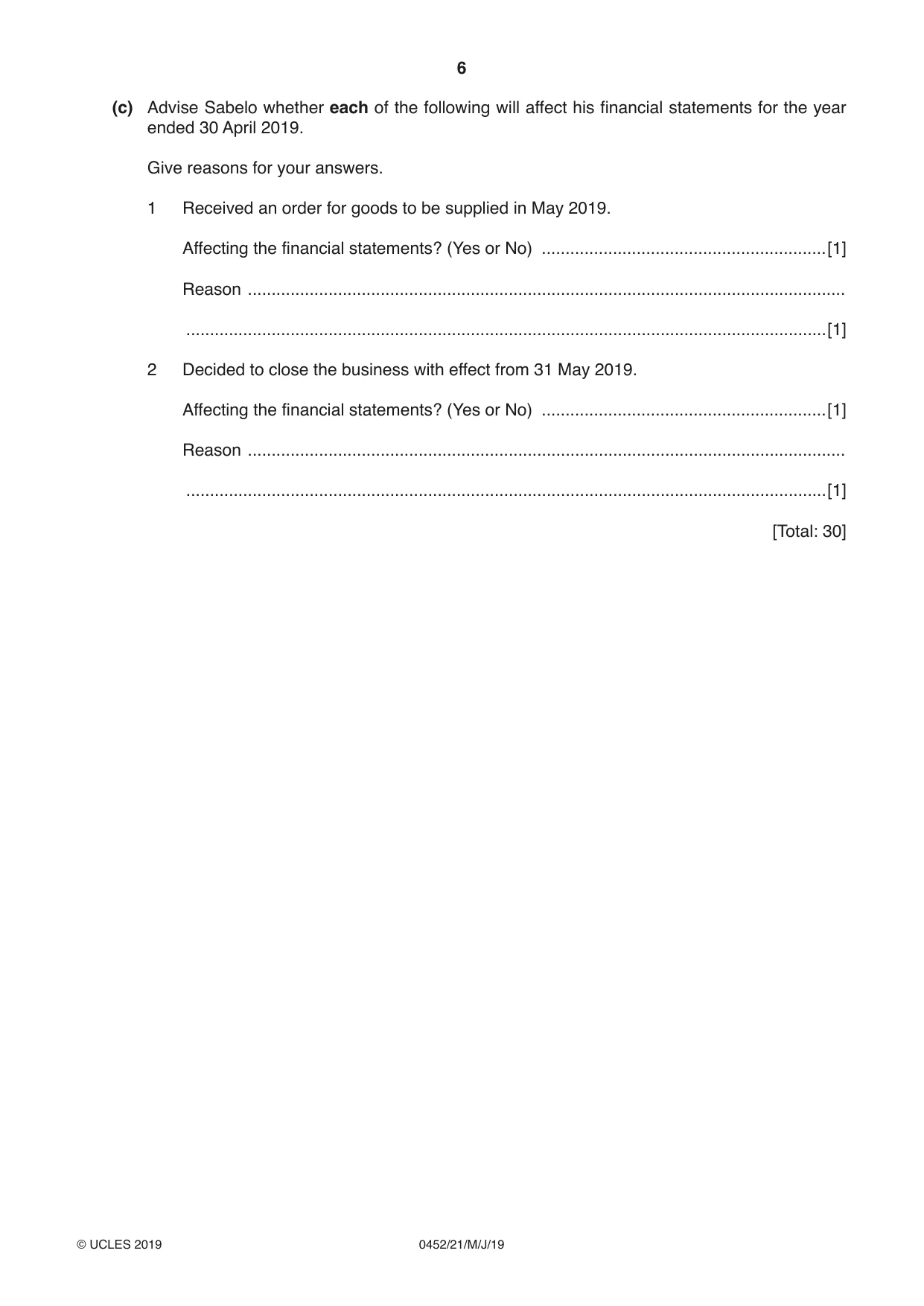 Cambridge IGCSE Accounting 0452 2019 May/June Paper 2 · Variant 1 question paper, page 6 of 20