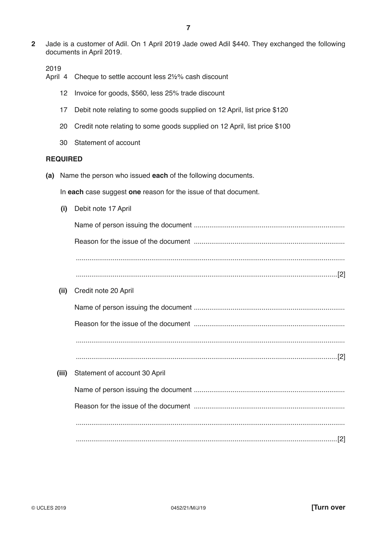 Cambridge IGCSE Accounting 0452 2019 May/June Paper 2 · Variant 1 question paper, page 7 of 20