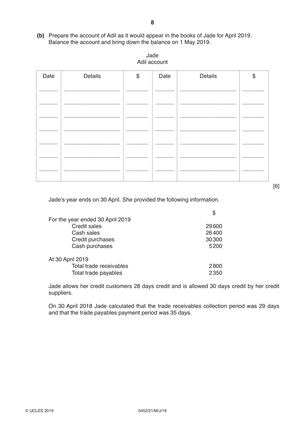 Cambridge IGCSE Accounting 0452 2019 May/June Paper 2 · Variant 1 question paper, page 8 of 20
