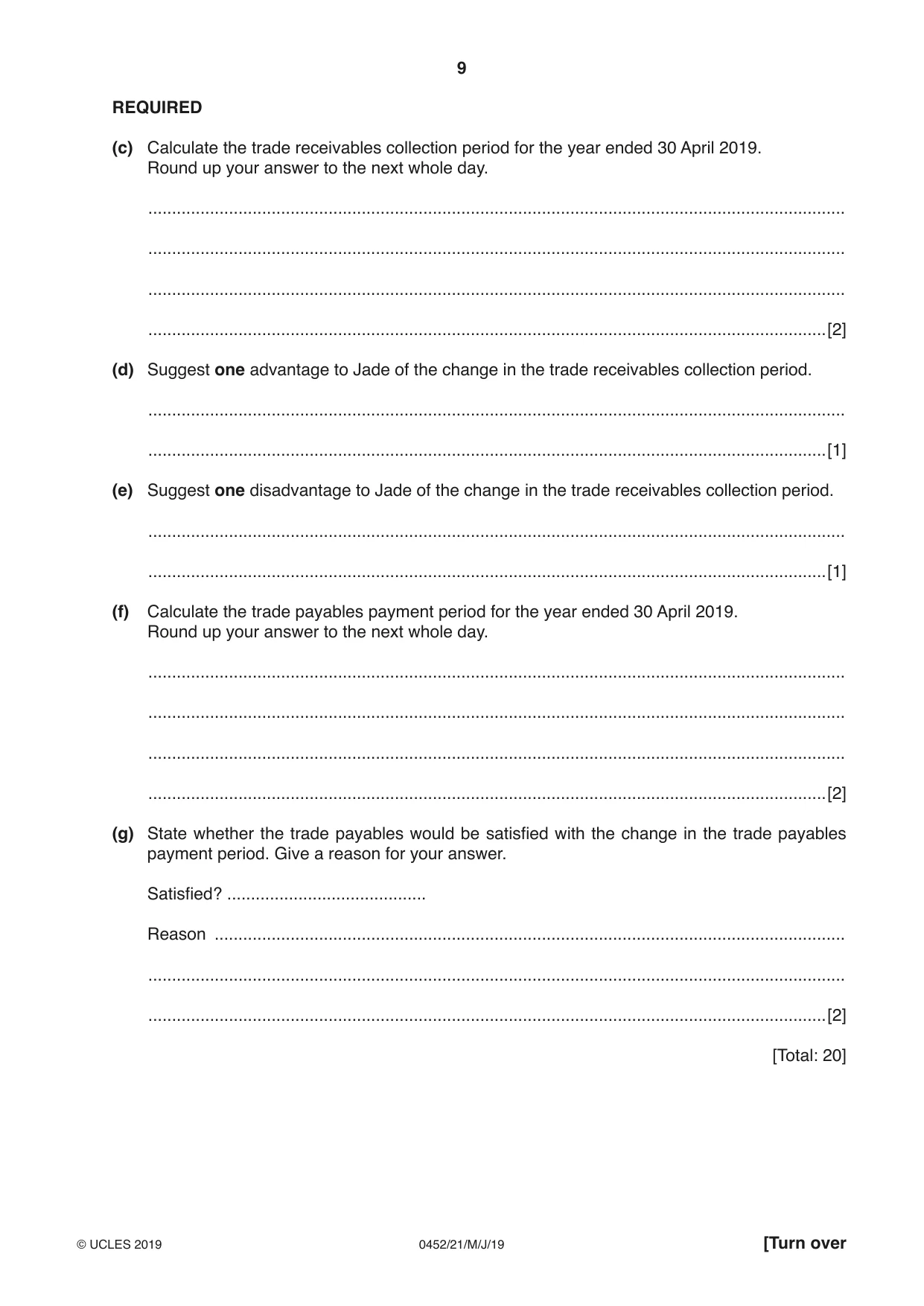 Cambridge IGCSE Accounting 0452 2019 May/June Paper 2 · Variant 1 question paper, page 9 of 20
