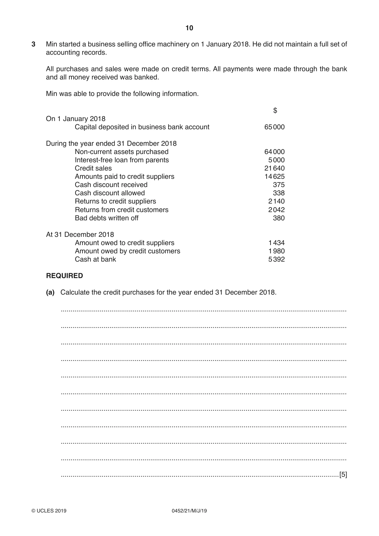 Cambridge IGCSE Accounting 0452 2019 May/June Paper 2 · Variant 1 question paper, page 10 of 20