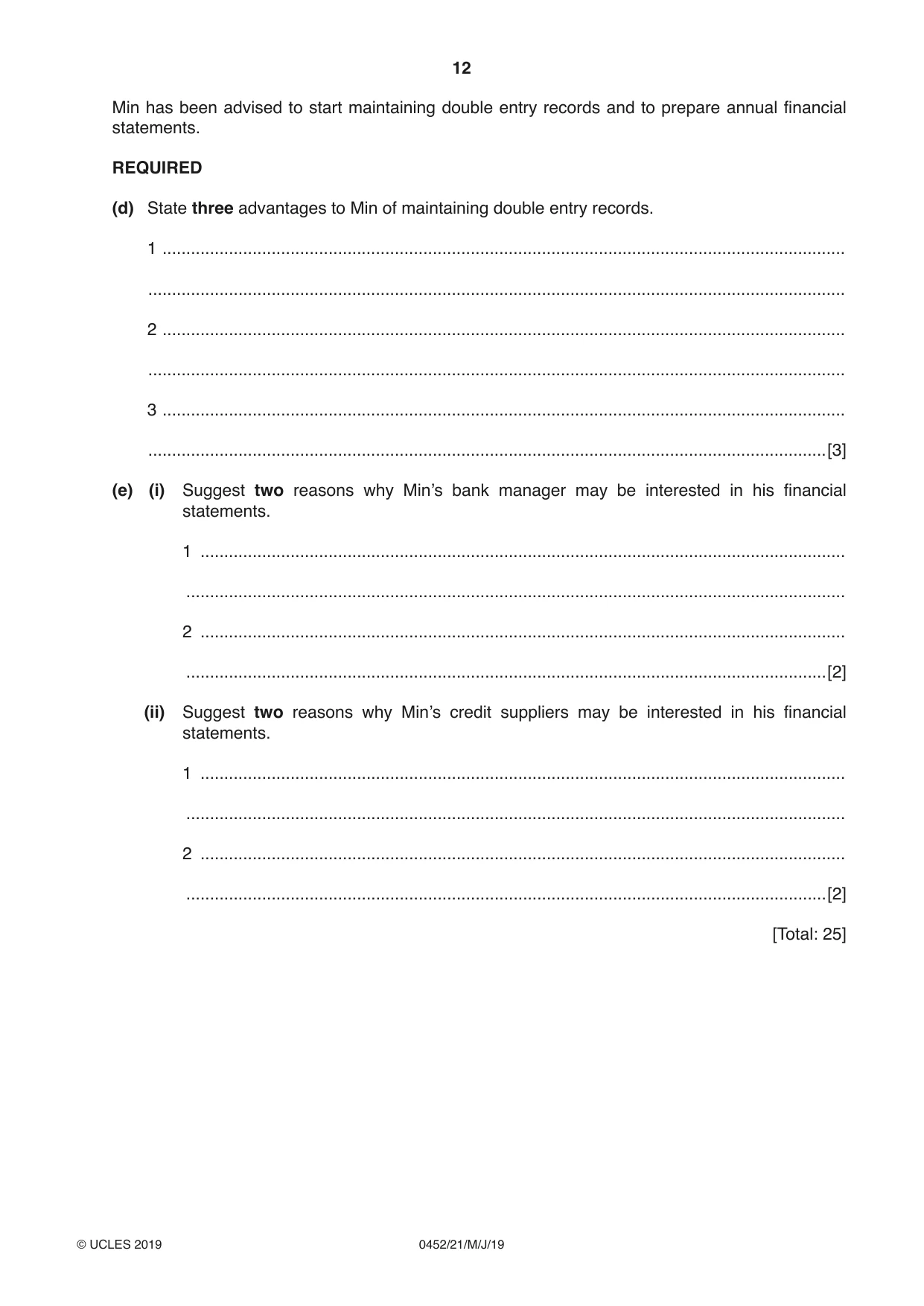 Cambridge IGCSE Accounting 0452 2019 May/June Paper 2 · Variant 1 question paper, page 12 of 20
