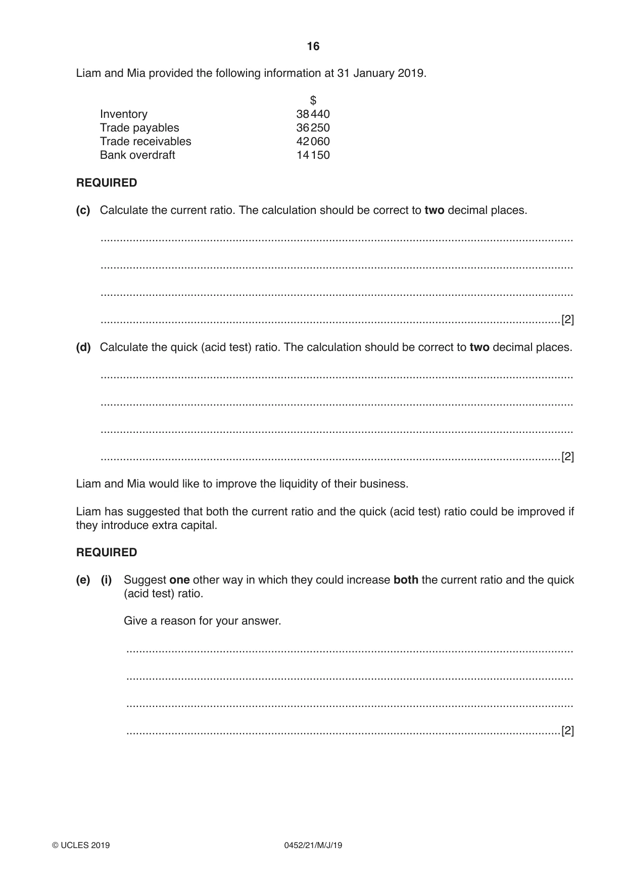 Cambridge IGCSE Accounting 0452 2019 May/June Paper 2 · Variant 1 question paper, page 16 of 20
