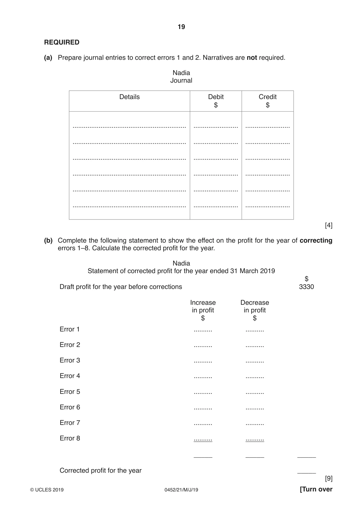 Cambridge IGCSE Accounting 0452 2019 May/June Paper 2 · Variant 1 question paper, page 19 of 20
