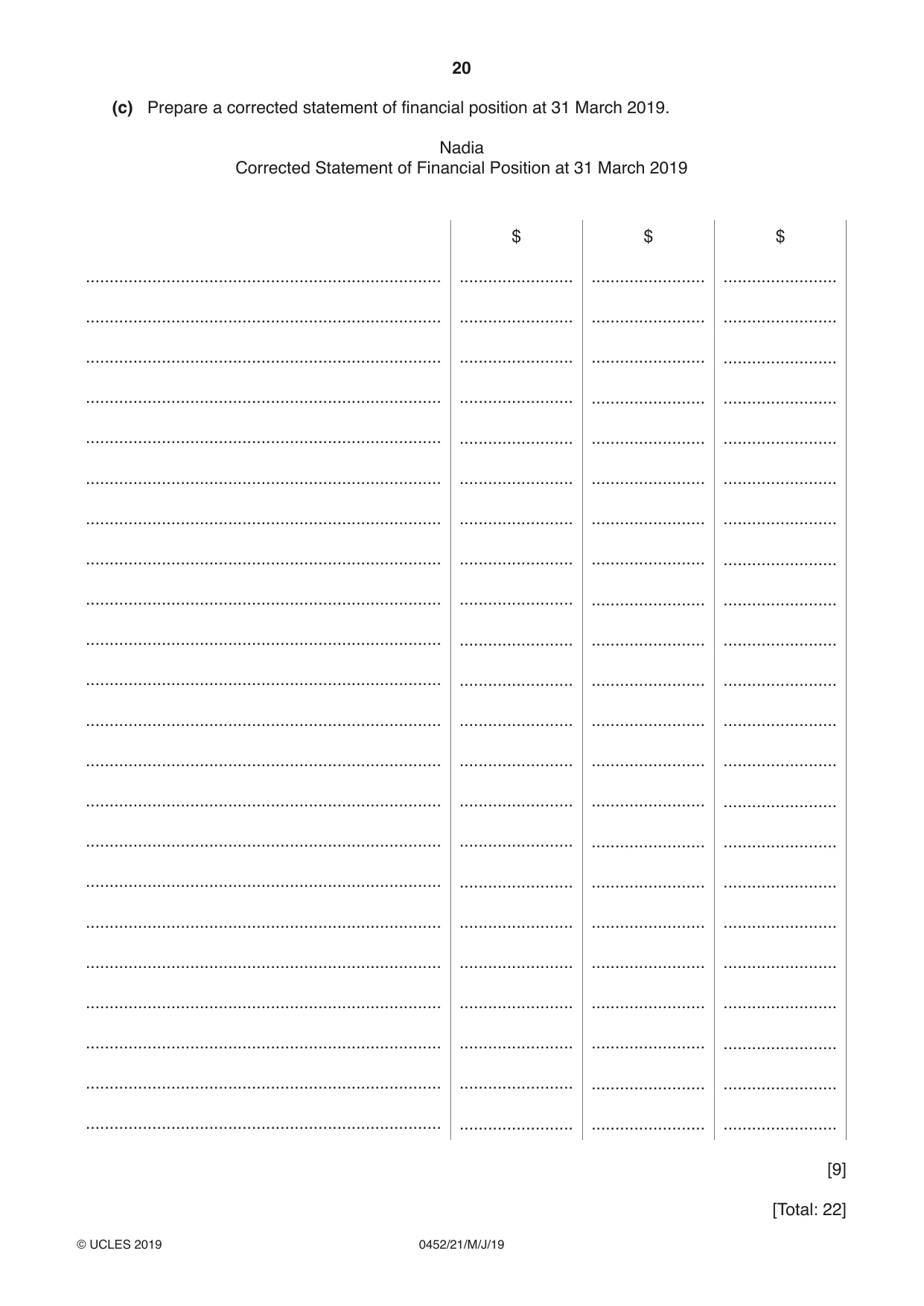 Cambridge IGCSE Accounting 0452 2019 May/June Paper 2 · Variant 1 question paper, page 20 of 20