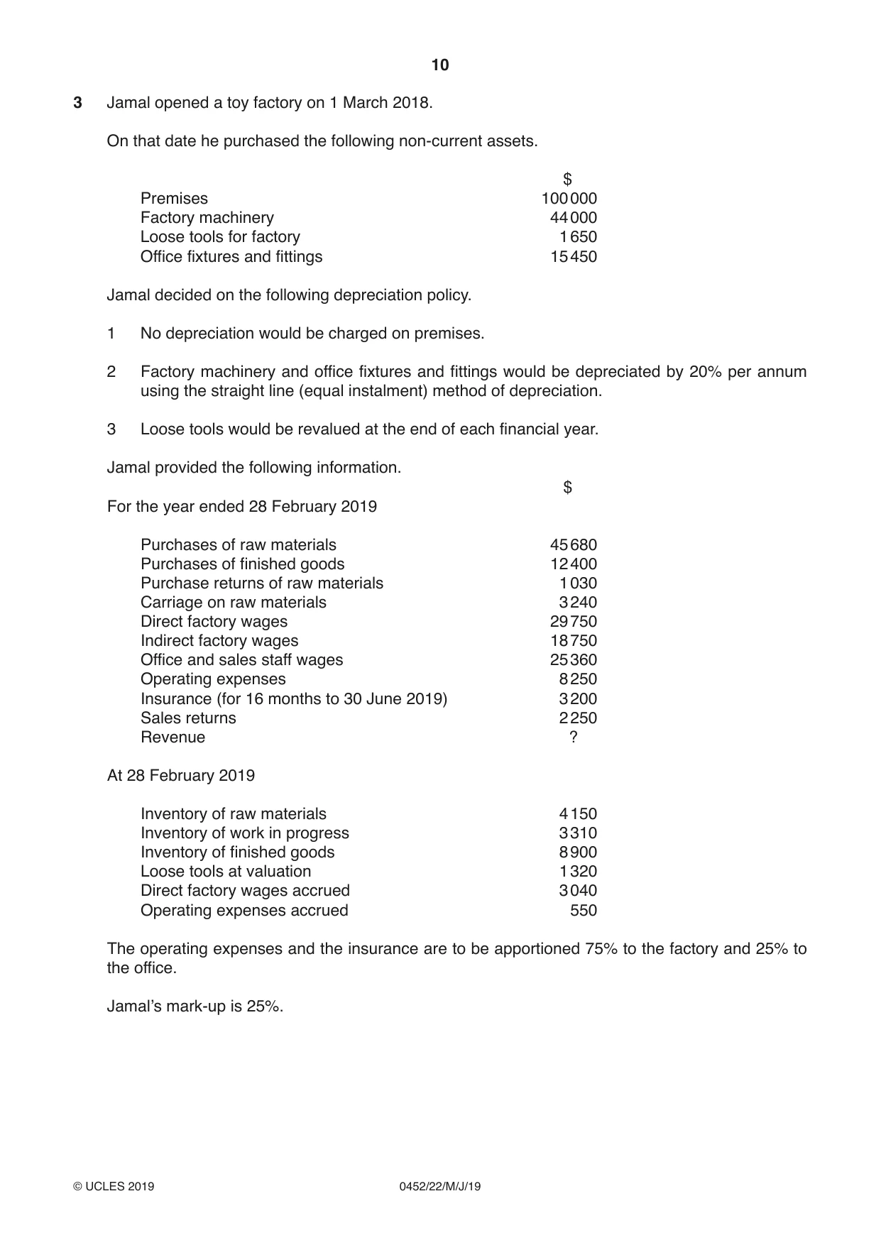 Cambridge IGCSE Accounting 0452 2019 May/June Paper 2 · Variant 2 question paper, page 10 of 20