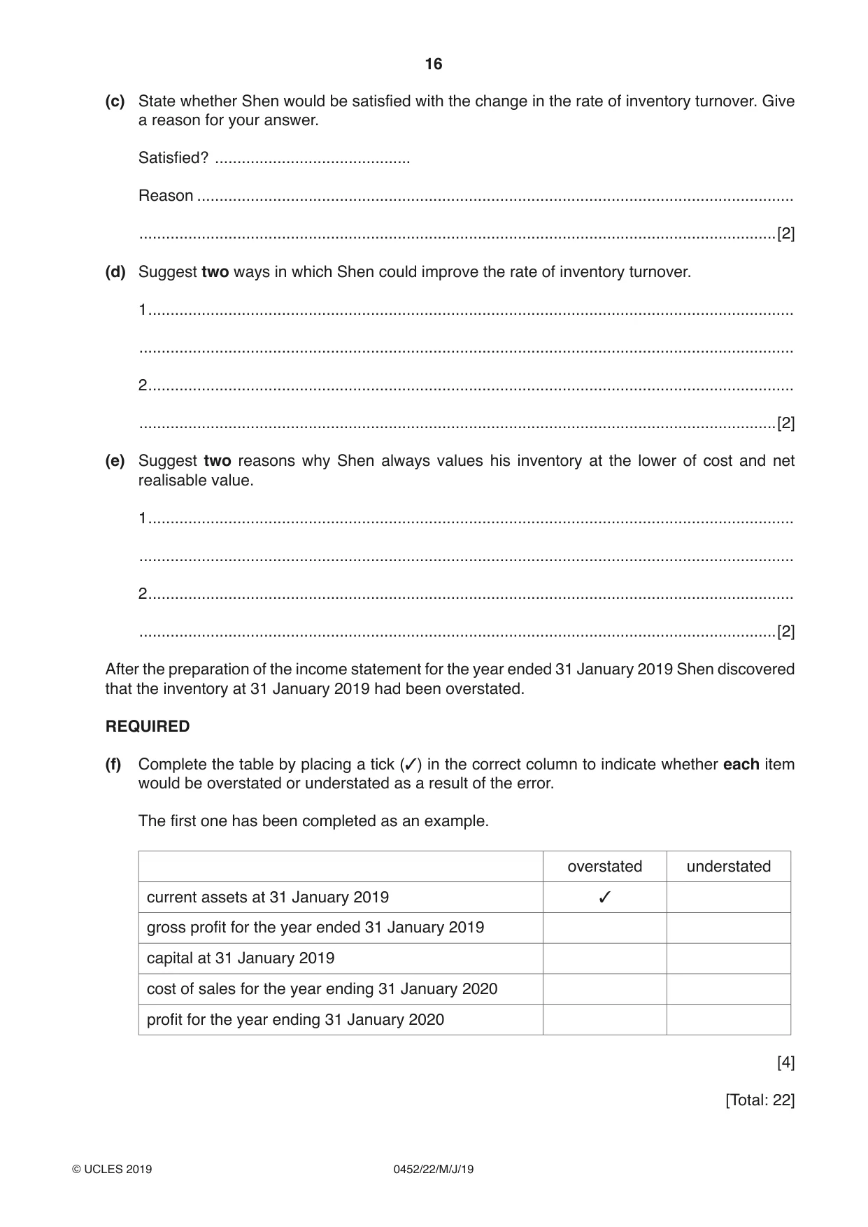 Cambridge IGCSE Accounting 0452 2019 May/June Paper 2 · Variant 2 question paper, page 16 of 20