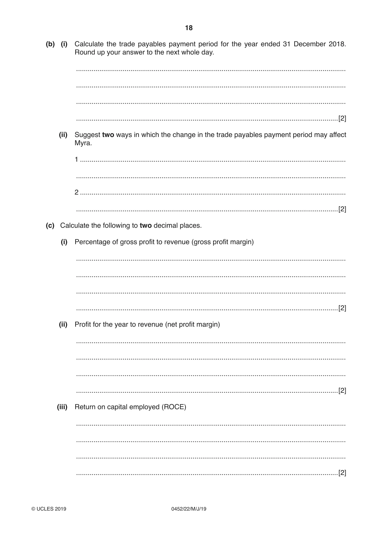 Cambridge IGCSE Accounting 0452 2019 May/June Paper 2 · Variant 2 question paper, page 18 of 20
