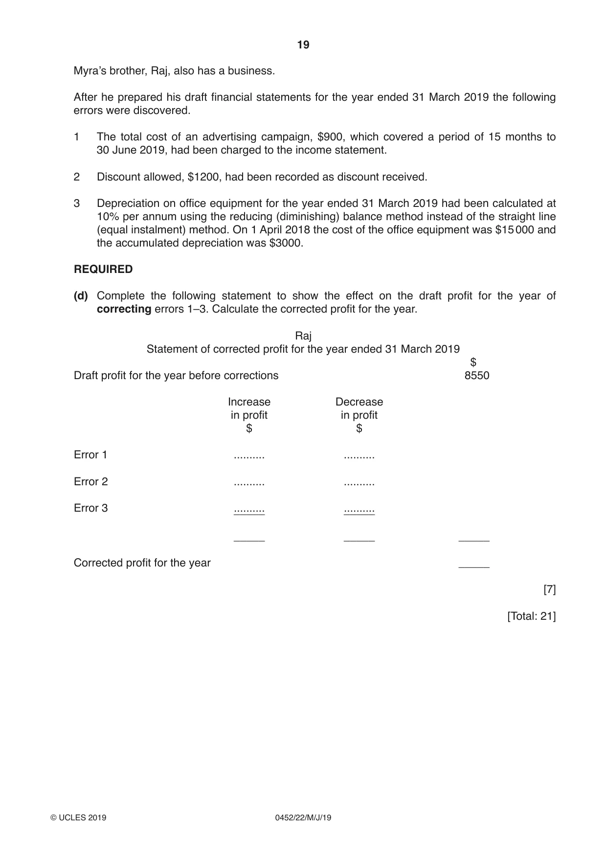 Cambridge IGCSE Accounting 0452 2019 May/June Paper 2 · Variant 2 question paper, page 19 of 20