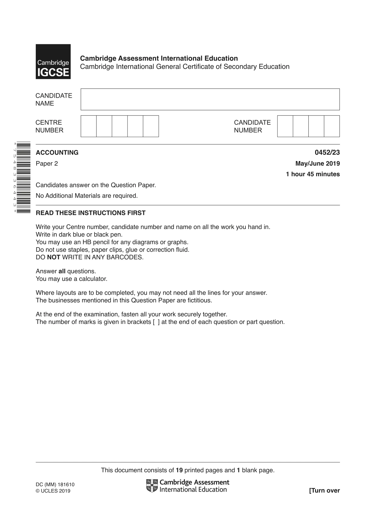 Cambridge IGCSE Accounting 0452 2019 May/June Paper 2 · Variant 3 question paper, page 1 of 20