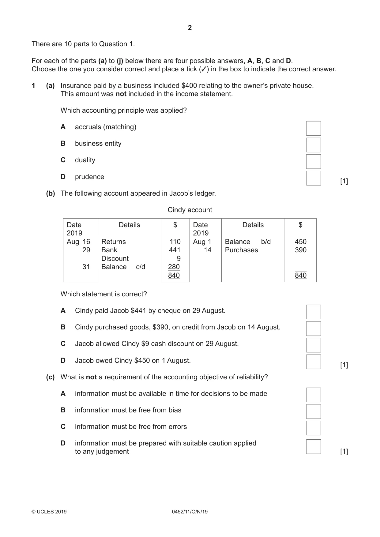 Cambridge IGCSE Accounting 0452 2019 Oct/Nov Paper 1 · Variant 1 question paper, page 2 of 24