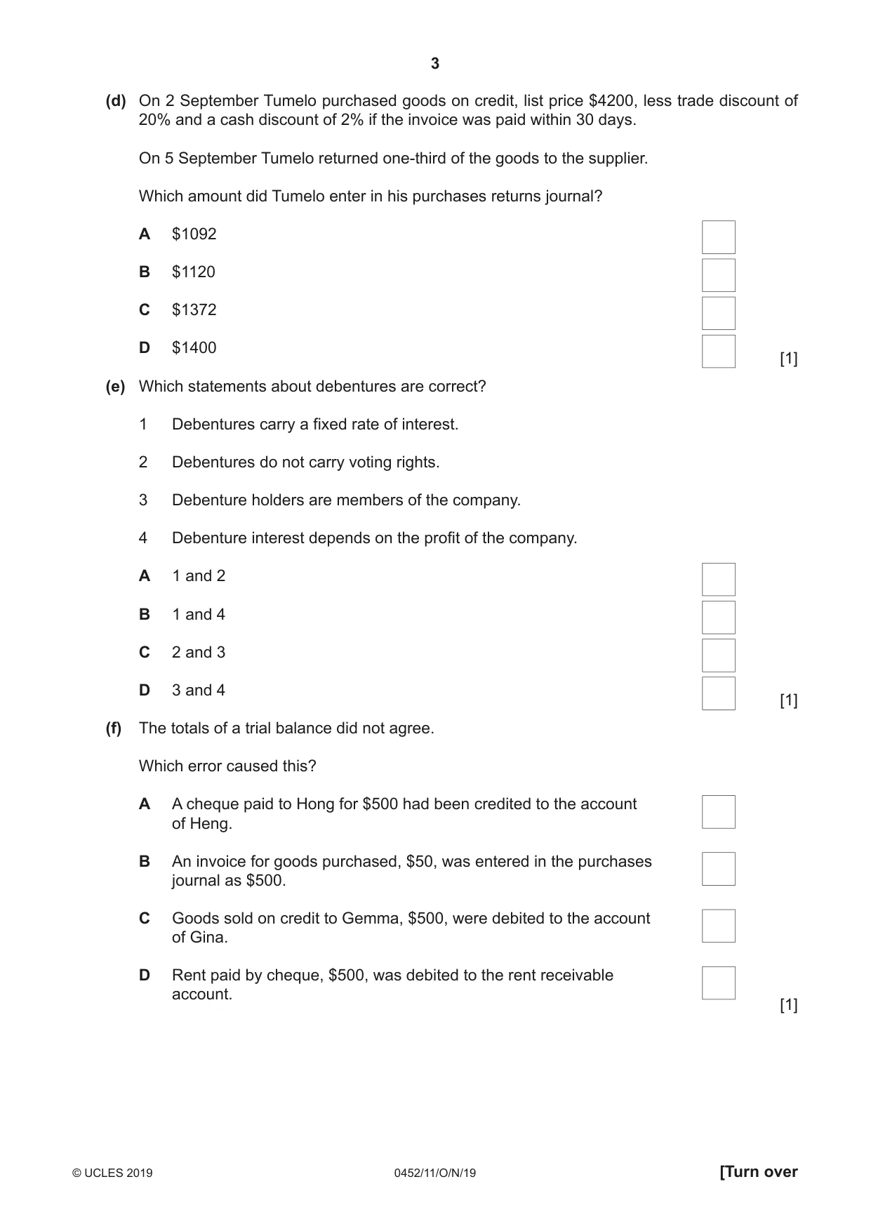 Cambridge IGCSE Accounting 0452 2019 Oct/Nov Paper 1 · Variant 1 question paper, page 3 of 24