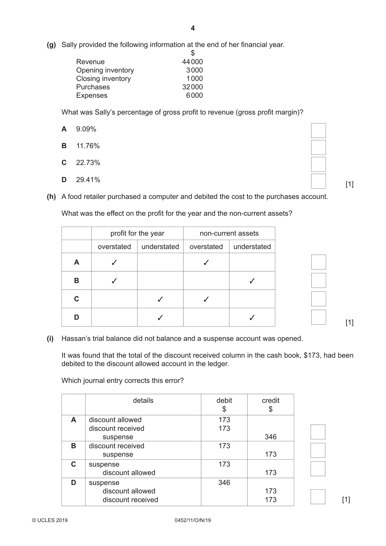 Cambridge IGCSE Accounting 0452 2019 Oct/Nov Paper 1 · Variant 1 question paper, page 4 of 24