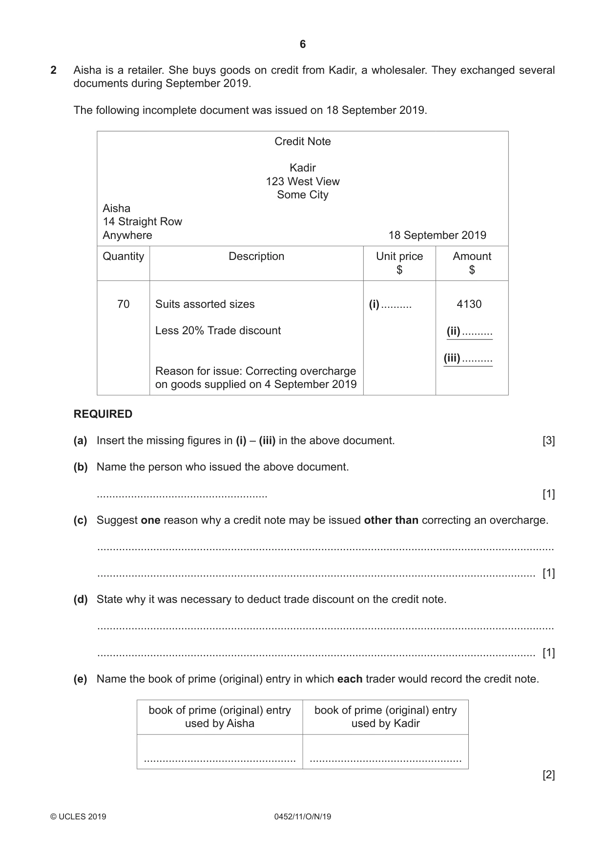 Cambridge IGCSE Accounting 0452 2019 Oct/Nov Paper 1 · Variant 1 question paper, page 6 of 24