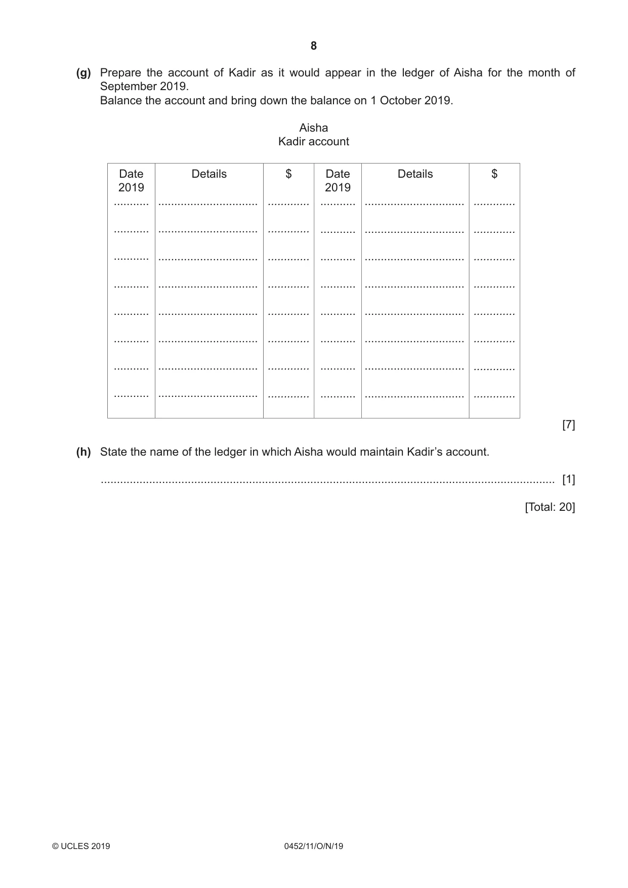 Cambridge IGCSE Accounting 0452 2019 Oct/Nov Paper 1 · Variant 1 question paper, page 8 of 24