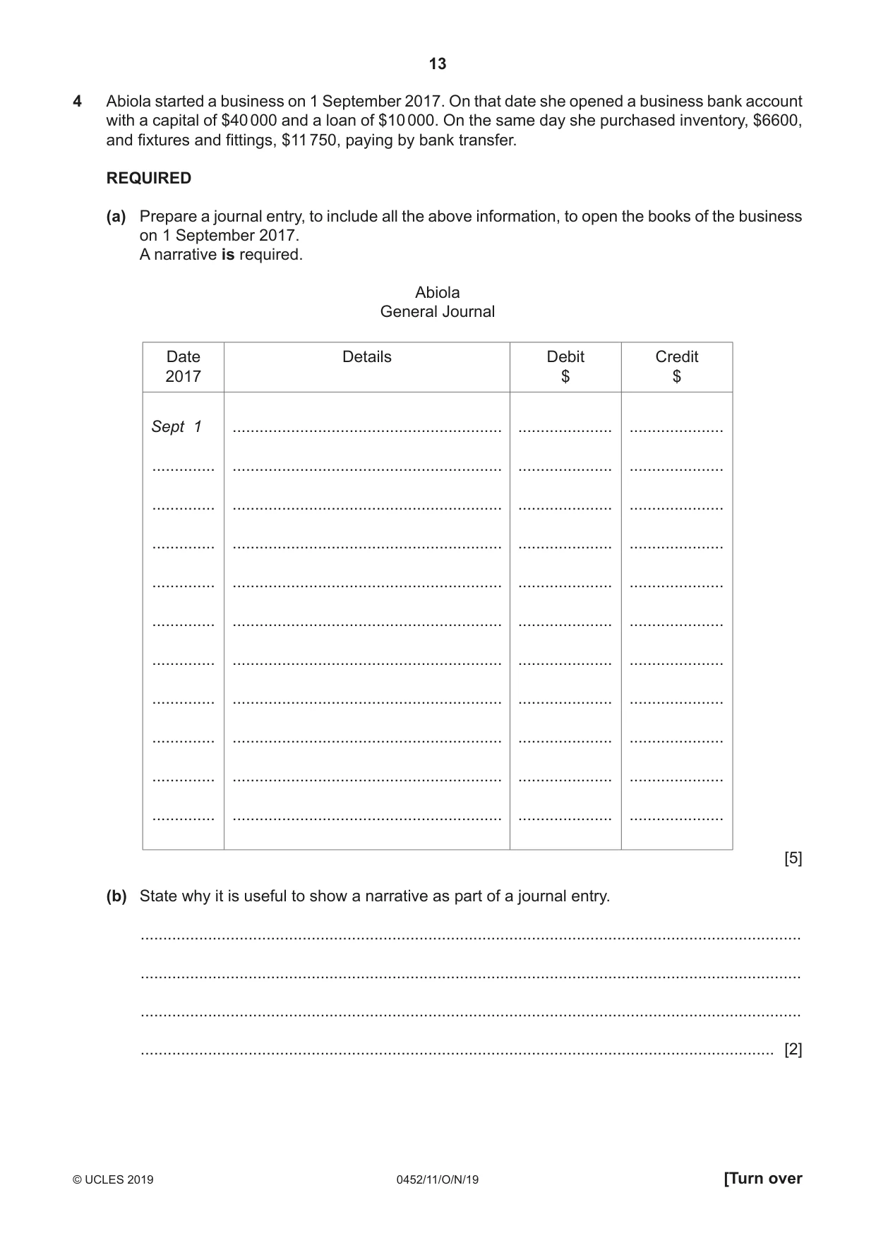 Cambridge IGCSE Accounting 0452 2019 Oct/Nov Paper 1 · Variant 1 question paper, page 13 of 24