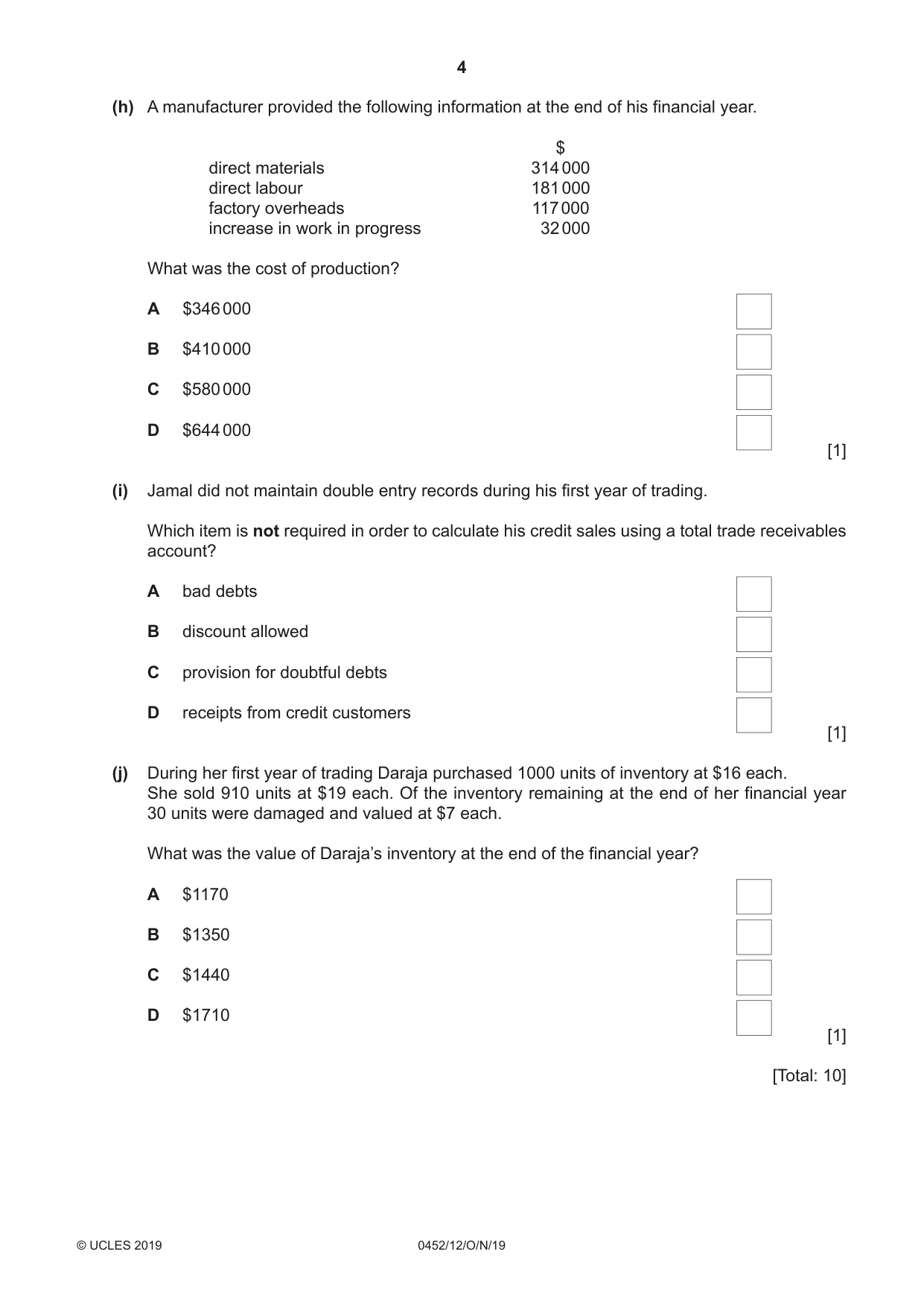 Cambridge IGCSE Accounting 0452 2019 Oct/Nov Paper 1 · Variant 2 question paper, page 4 of 24
