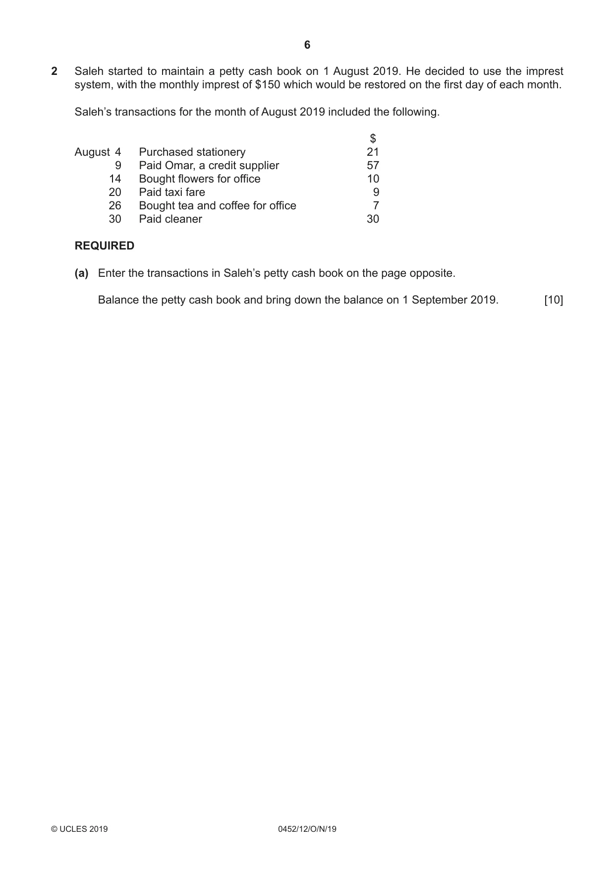 Cambridge IGCSE Accounting 0452 2019 Oct/Nov Paper 1 · Variant 2 question paper, page 6 of 24