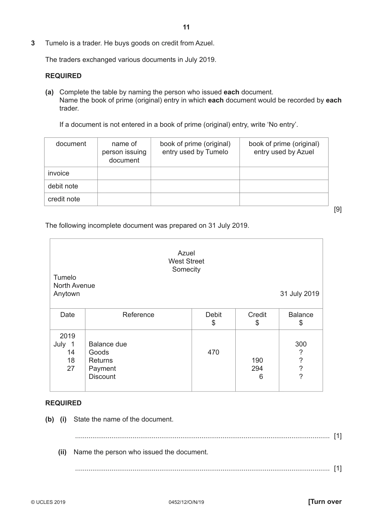 Cambridge IGCSE Accounting 0452 2019 Oct/Nov Paper 1 · Variant 2 question paper, page 11 of 24