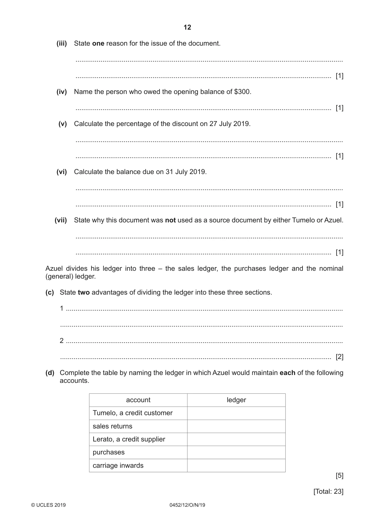 Cambridge IGCSE Accounting 0452 2019 Oct/Nov Paper 1 · Variant 2 question paper, page 12 of 24