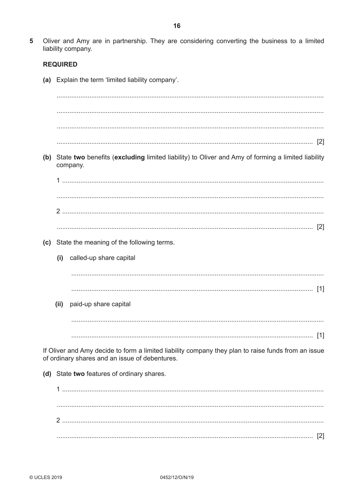 Cambridge IGCSE Accounting 0452 2019 Oct/Nov Paper 1 · Variant 2 question paper, page 16 of 24