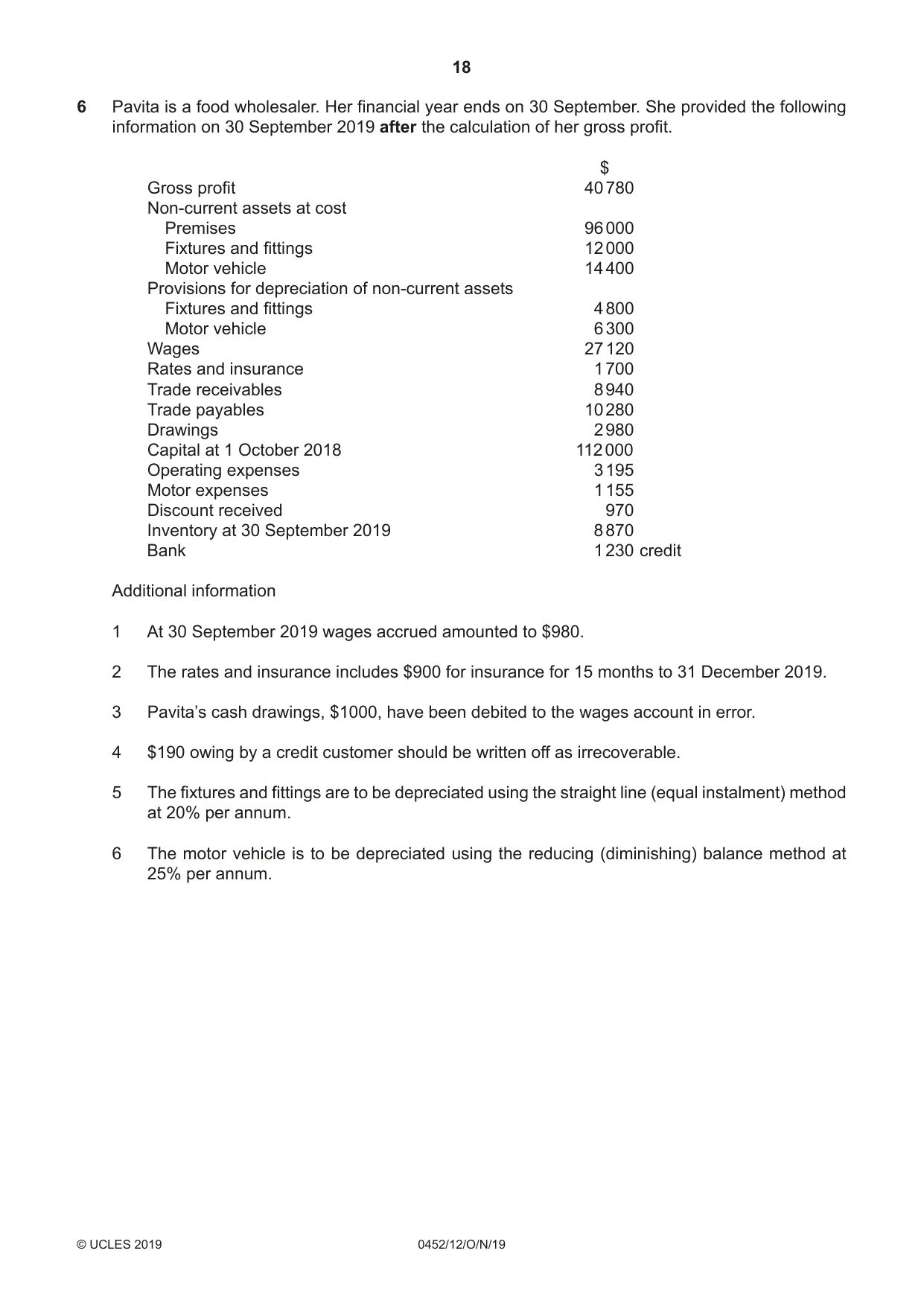 Cambridge IGCSE Accounting 0452 2019 Oct/Nov Paper 1 · Variant 2 question paper, page 18 of 24