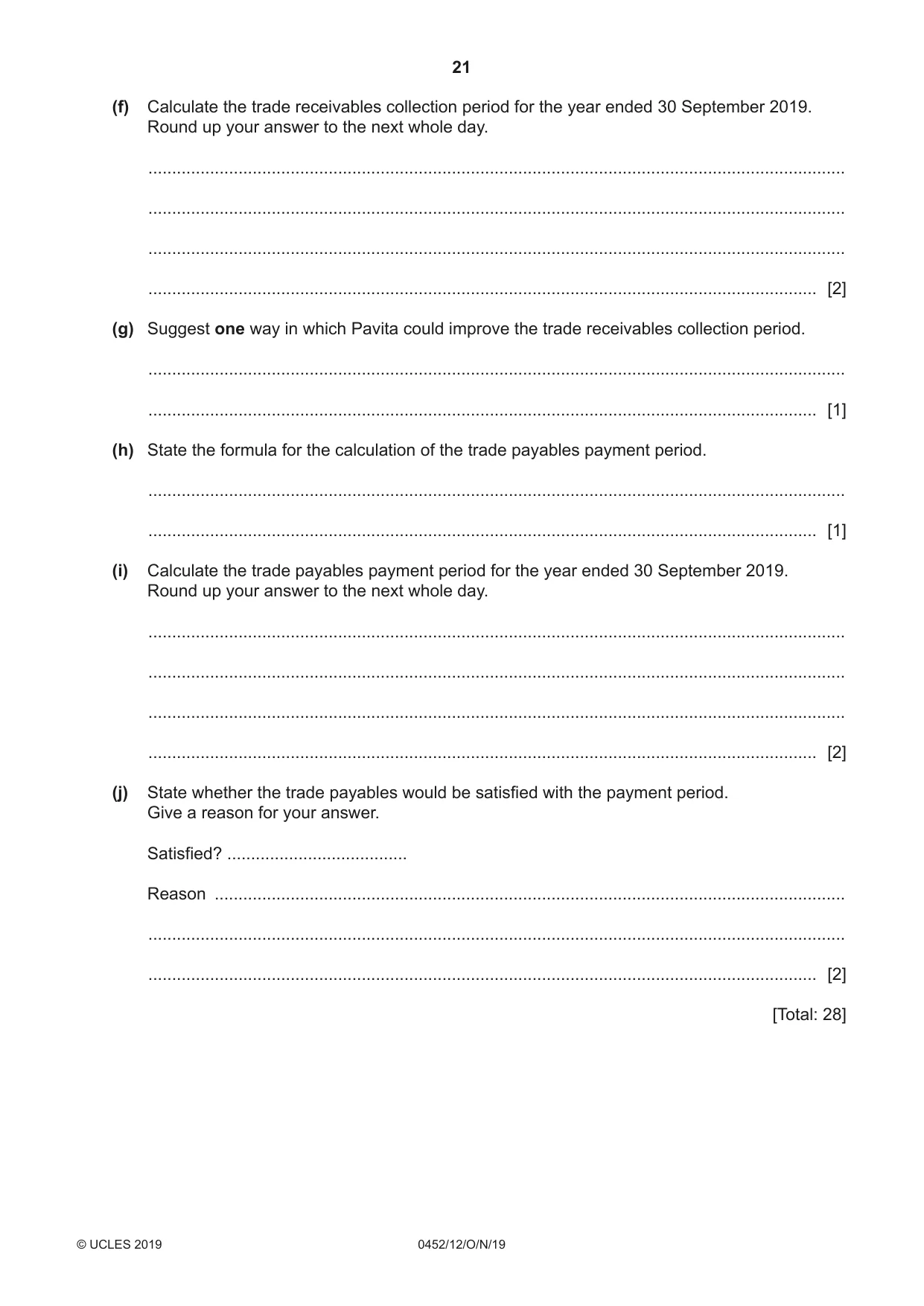 Cambridge IGCSE Accounting 0452 2019 Oct/Nov Paper 1 · Variant 2 question paper, page 21 of 24