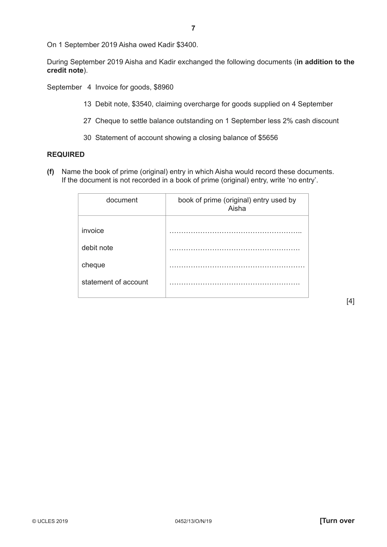 Cambridge IGCSE Accounting 0452 2019 Oct/Nov Paper 1 · Variant 3 question paper, page 7 of 24