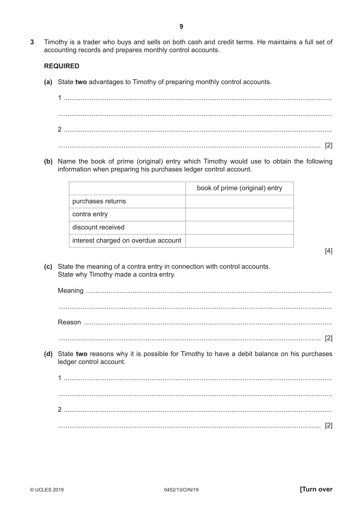Cambridge IGCSE Accounting 0452 2019 Oct/Nov Paper 1 · Variant 3 question paper, page 9 of 24