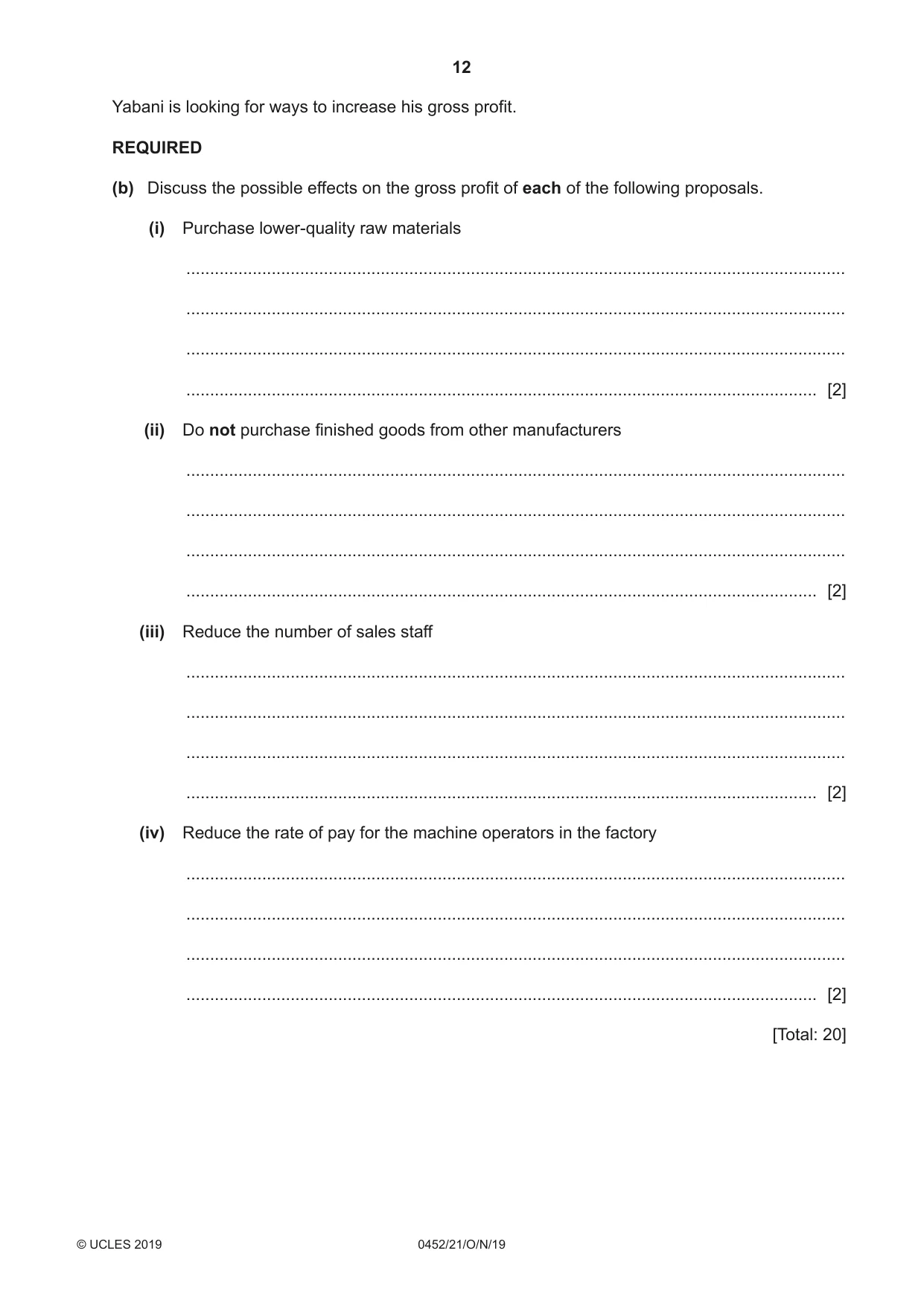 Cambridge IGCSE Accounting 0452 2019 Oct/Nov Paper 2 · Variant 1 question paper, page 12 of 24