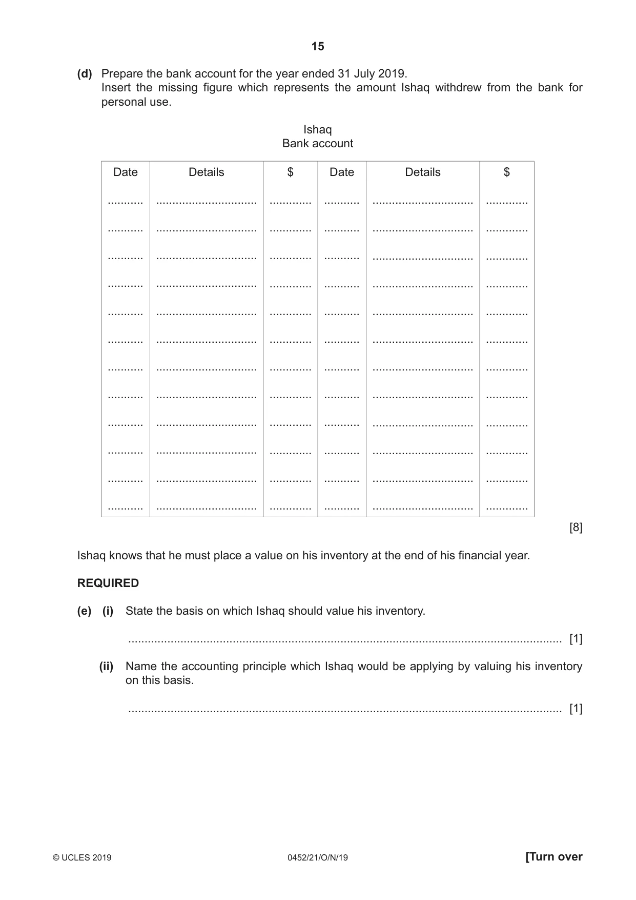 Cambridge IGCSE Accounting 0452 2019 Oct/Nov Paper 2 · Variant 1 question paper, page 15 of 24