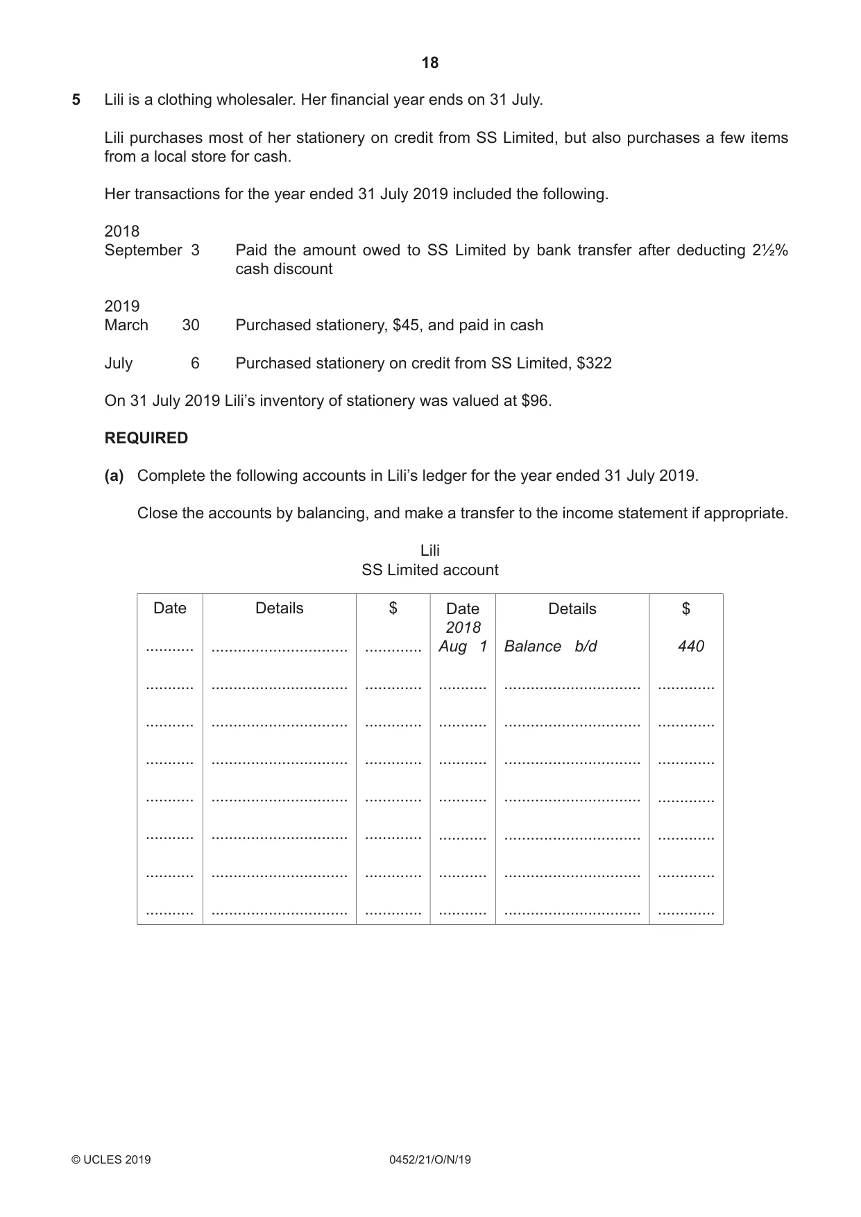 Cambridge IGCSE Accounting 0452 2019 Oct/Nov Paper 2 · Variant 1 question paper, page 18 of 24