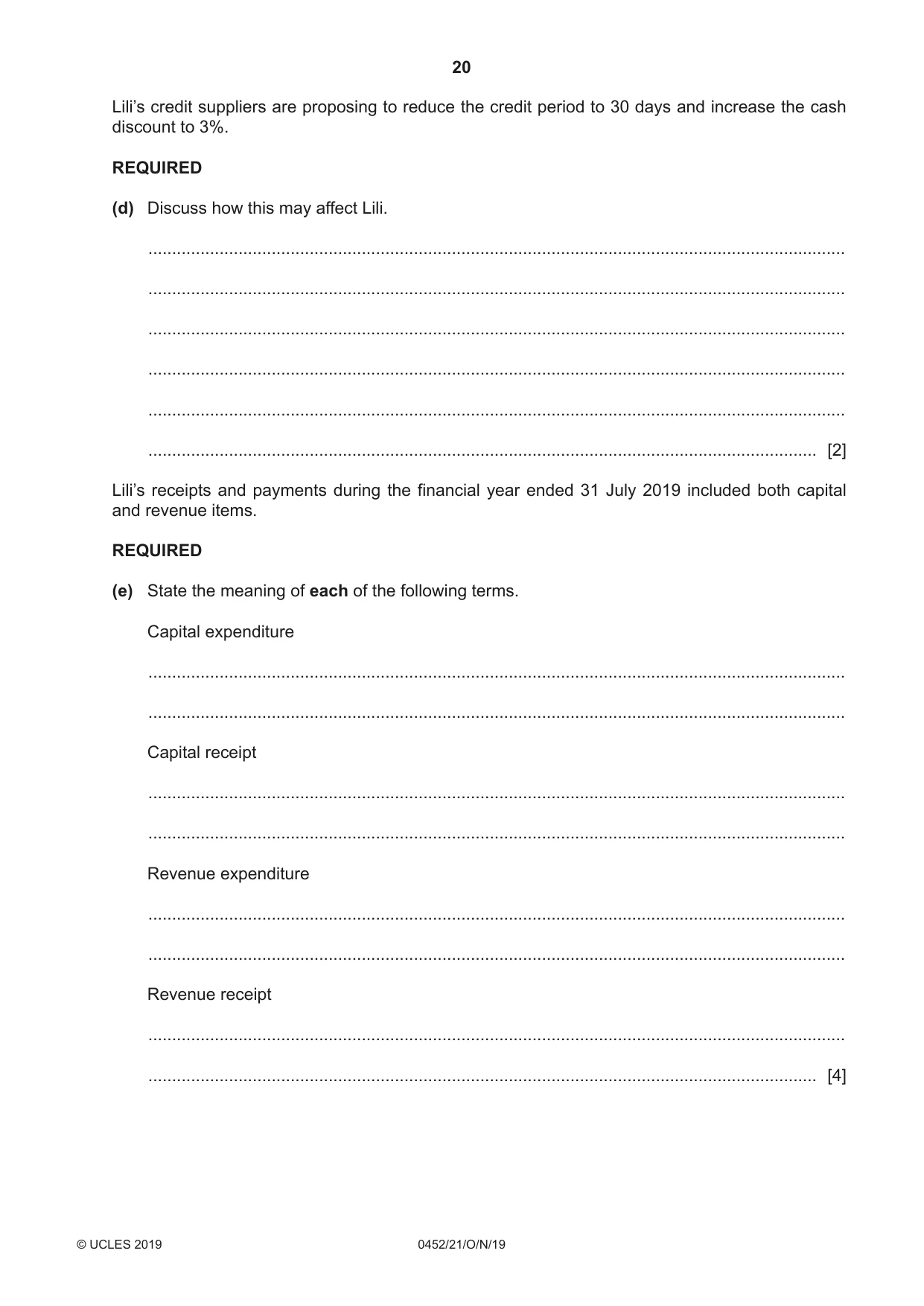 Cambridge IGCSE Accounting 0452 2019 Oct/Nov Paper 2 · Variant 1 question paper, page 20 of 24