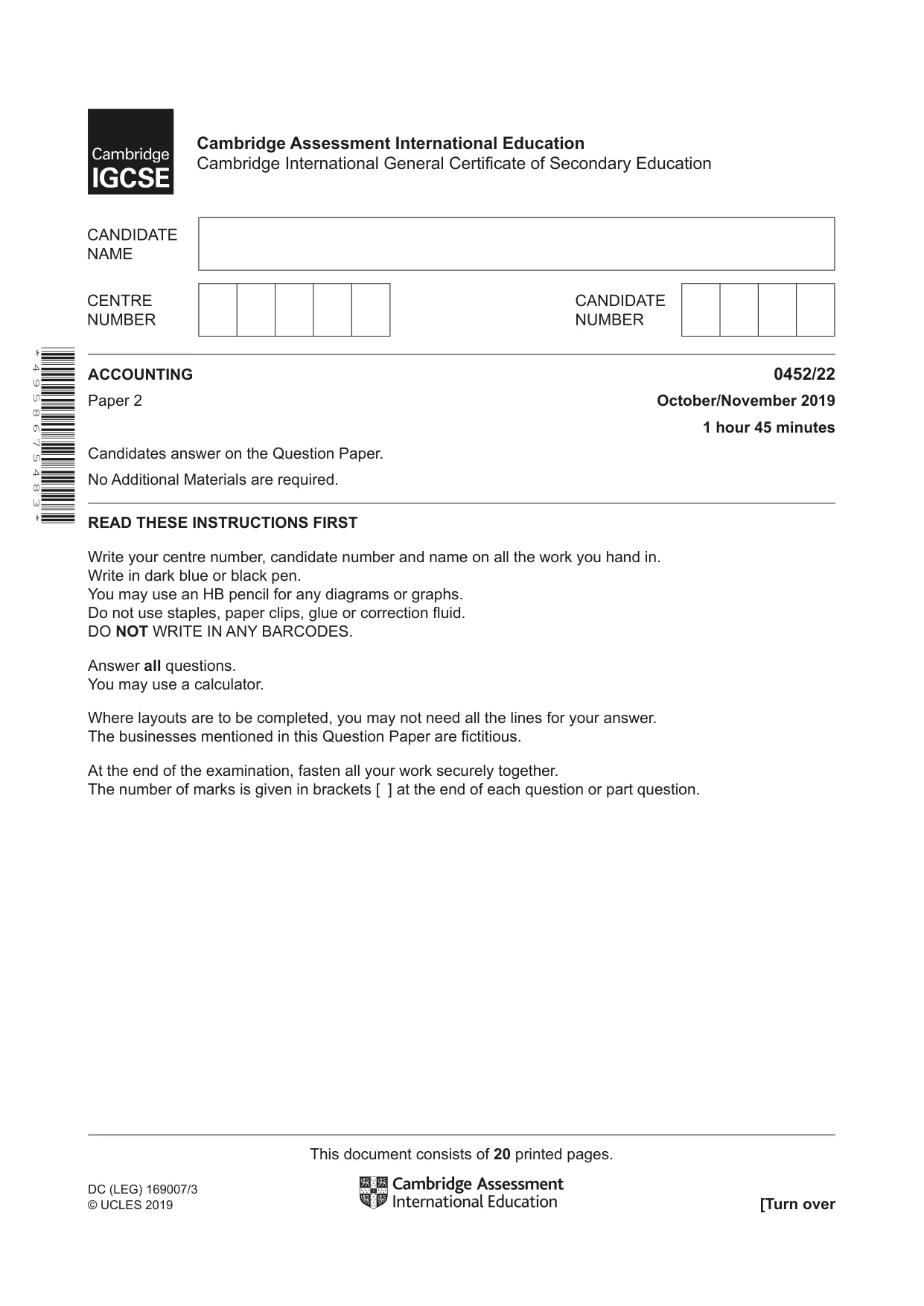 Cambridge IGCSE Accounting 0452 2019 Oct/Nov Paper 2 · Variant 2 question paper, page 1 of 20