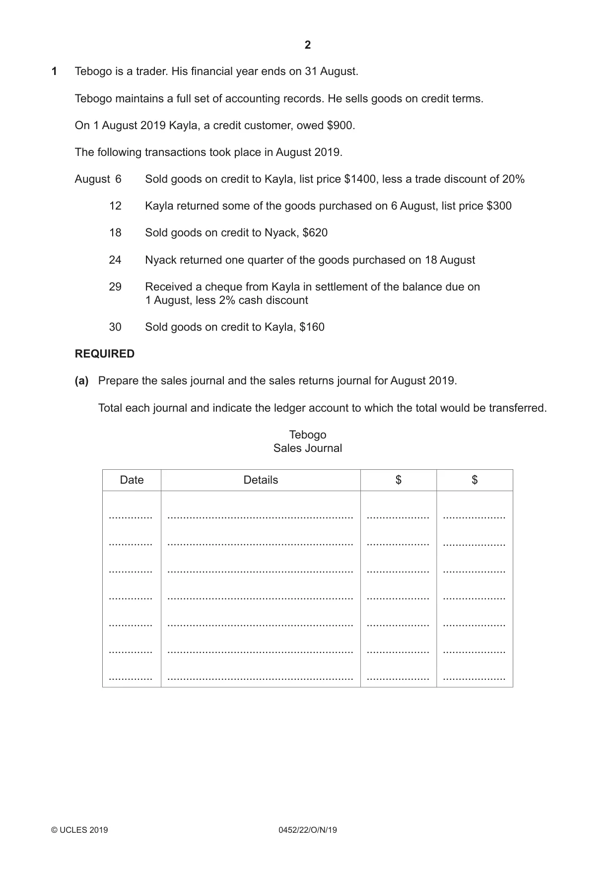 Cambridge IGCSE Accounting 0452 2019 Oct/Nov Paper 2 · Variant 2 question paper, page 2 of 20