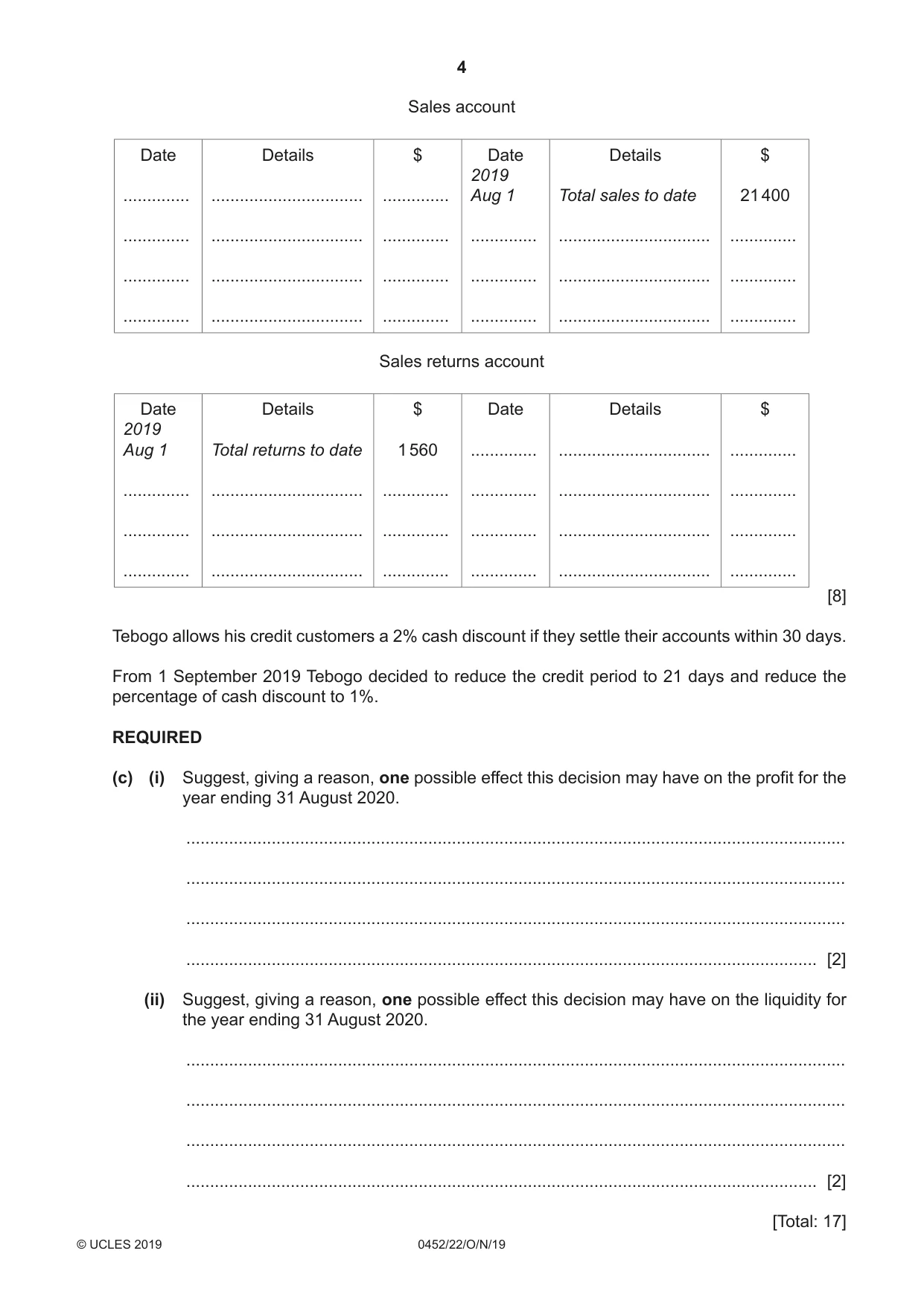 Cambridge IGCSE Accounting 0452 2019 Oct/Nov Paper 2 · Variant 2 question paper, page 4 of 20