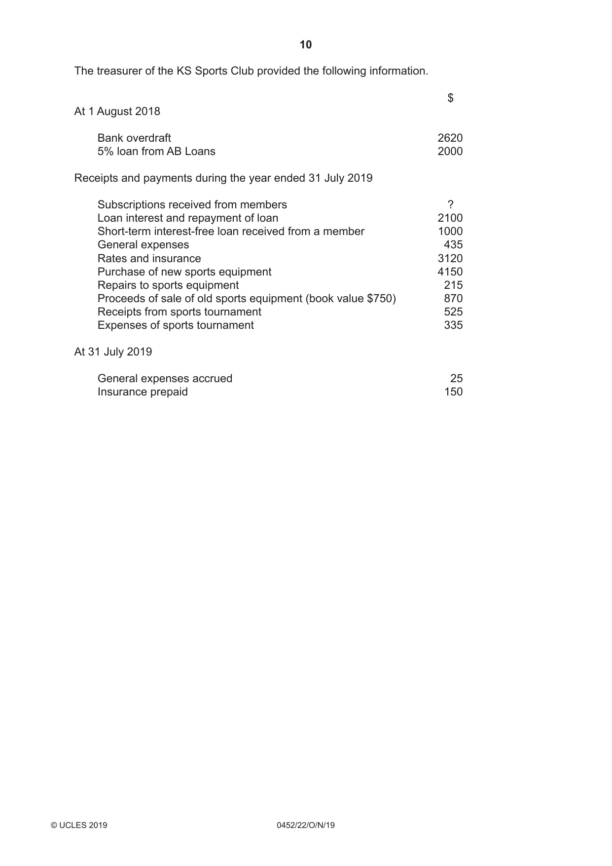Cambridge IGCSE Accounting 0452 2019 Oct/Nov Paper 2 · Variant 2 question paper, page 10 of 20