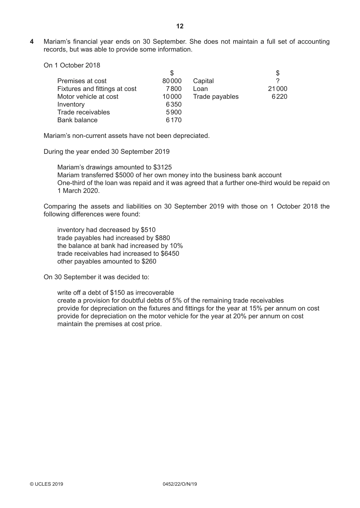 Cambridge IGCSE Accounting 0452 2019 Oct/Nov Paper 2 · Variant 2 question paper, page 12 of 20