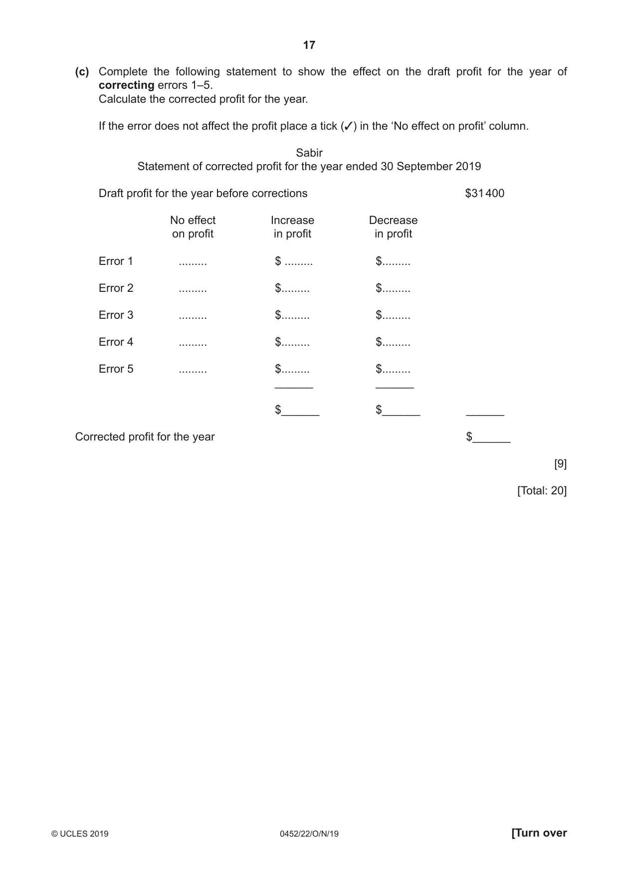Cambridge IGCSE Accounting 0452 2019 Oct/Nov Paper 2 · Variant 2 question paper, page 17 of 20