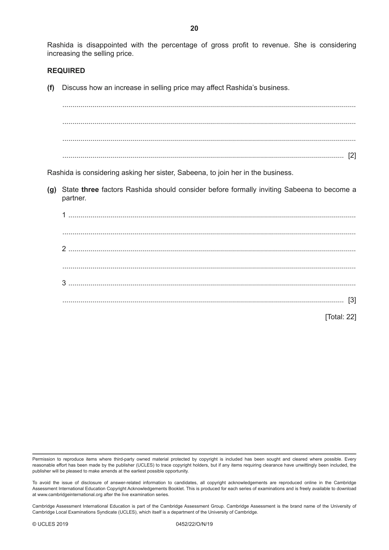 Cambridge IGCSE Accounting 0452 2019 Oct/Nov Paper 2 · Variant 2 question paper, page 20 of 20