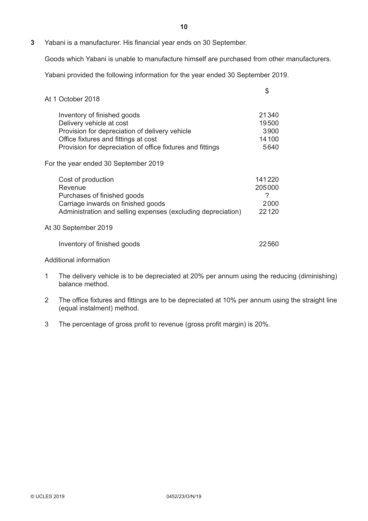 Cambridge IGCSE Accounting 0452 2019 Oct/Nov Paper 2 · Variant 3 question paper, page 10 of 24