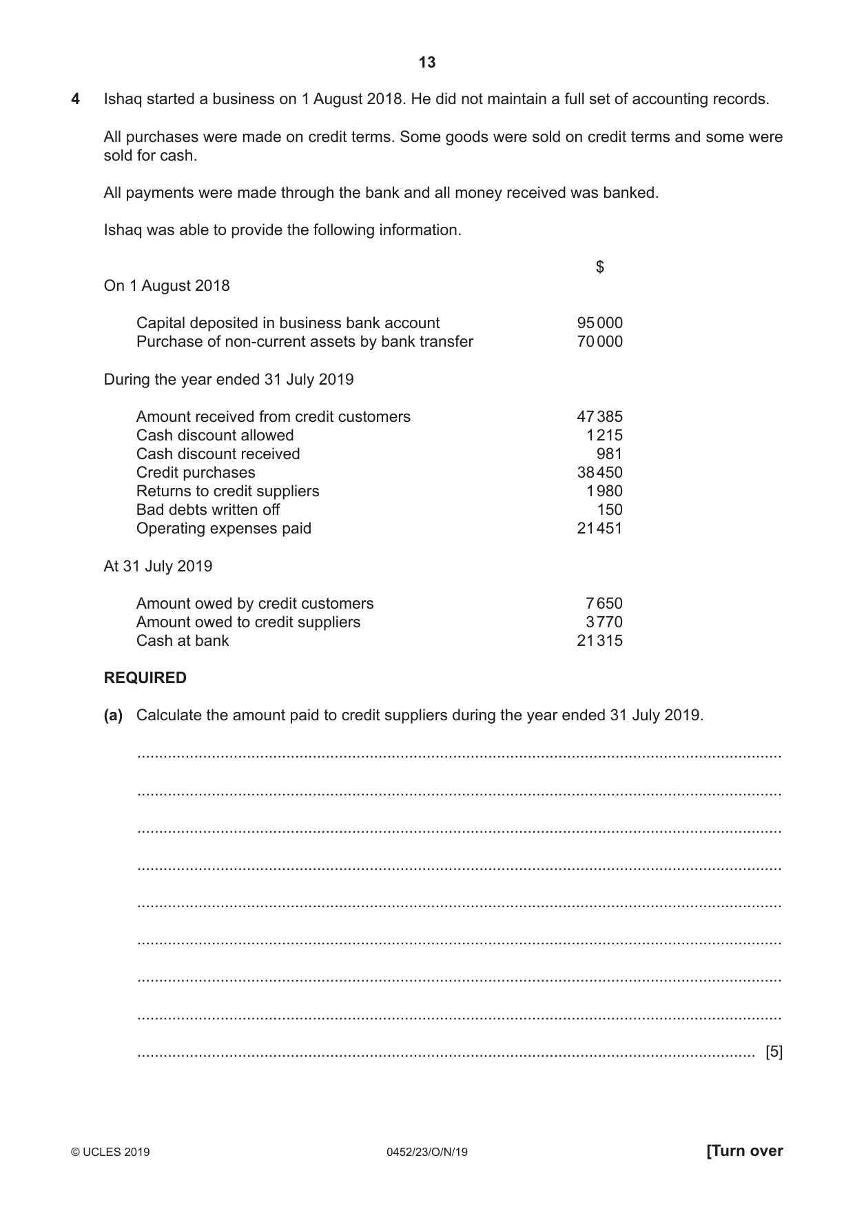 Cambridge IGCSE Accounting 0452 2019 Oct/Nov Paper 2 · Variant 3 question paper, page 13 of 24