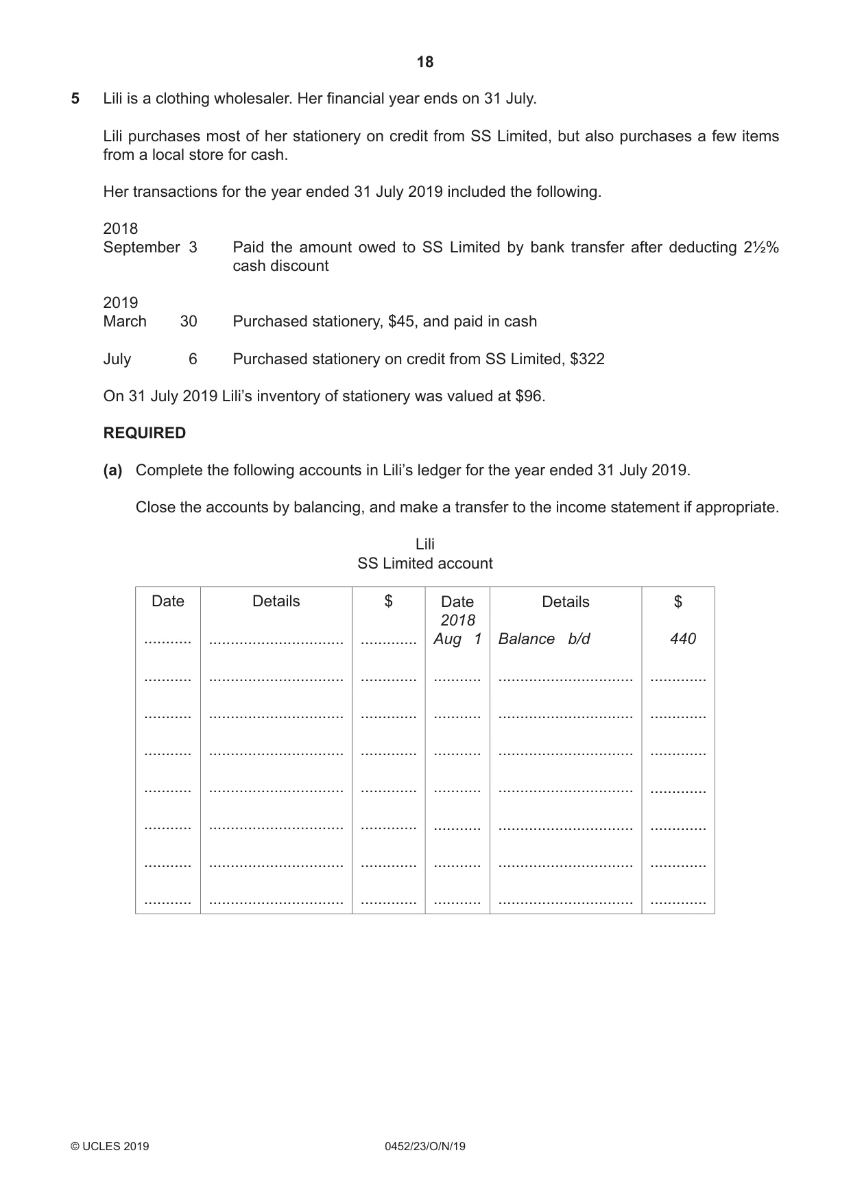 Cambridge IGCSE Accounting 0452 2019 Oct/Nov Paper 2 · Variant 3 question paper, page 18 of 24