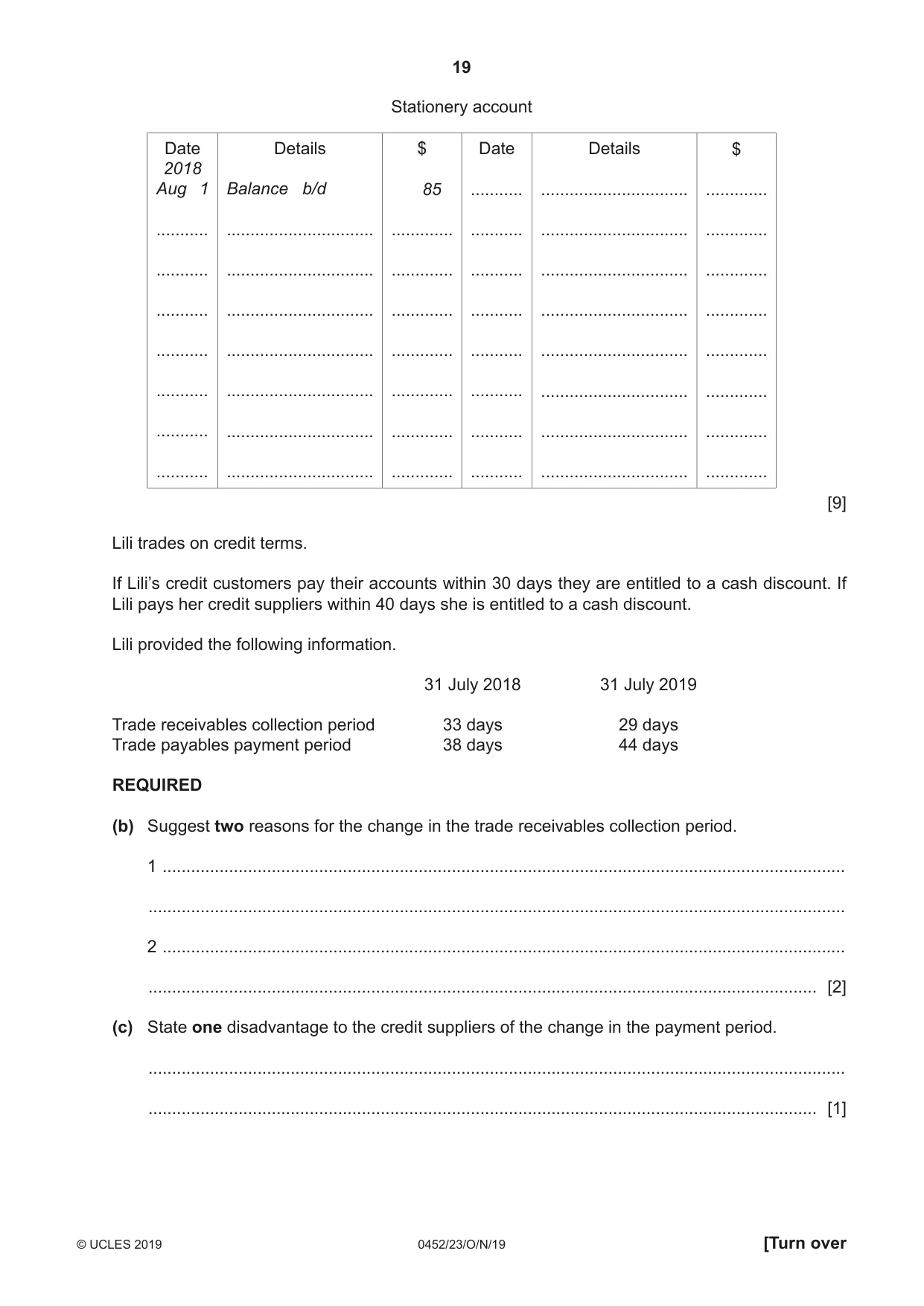 Cambridge IGCSE Accounting 0452 2019 Oct/Nov Paper 2 · Variant 3 question paper, page 19 of 24